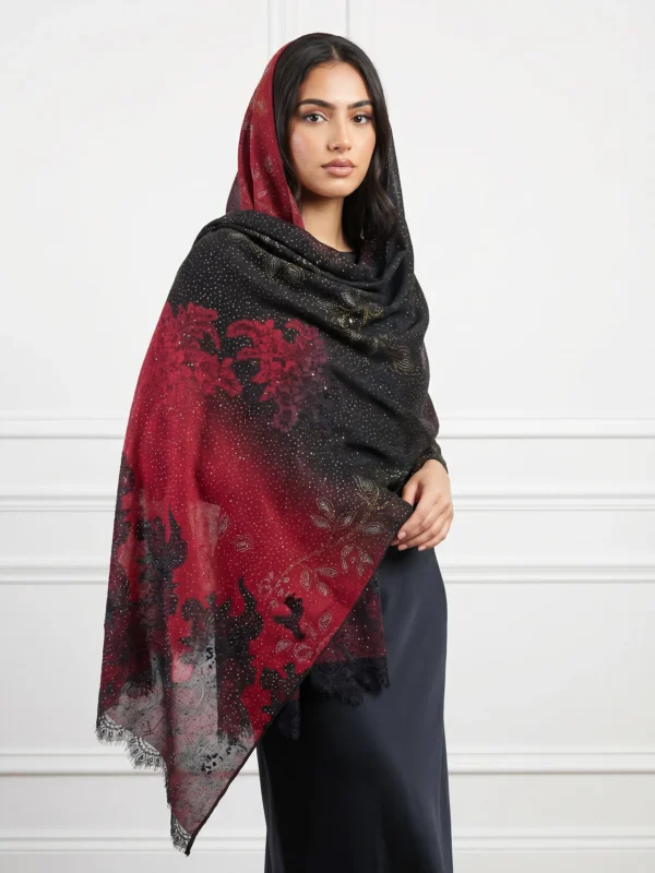 Midnight Ruby Ombre Swarovski Lace Pashmina Shawl