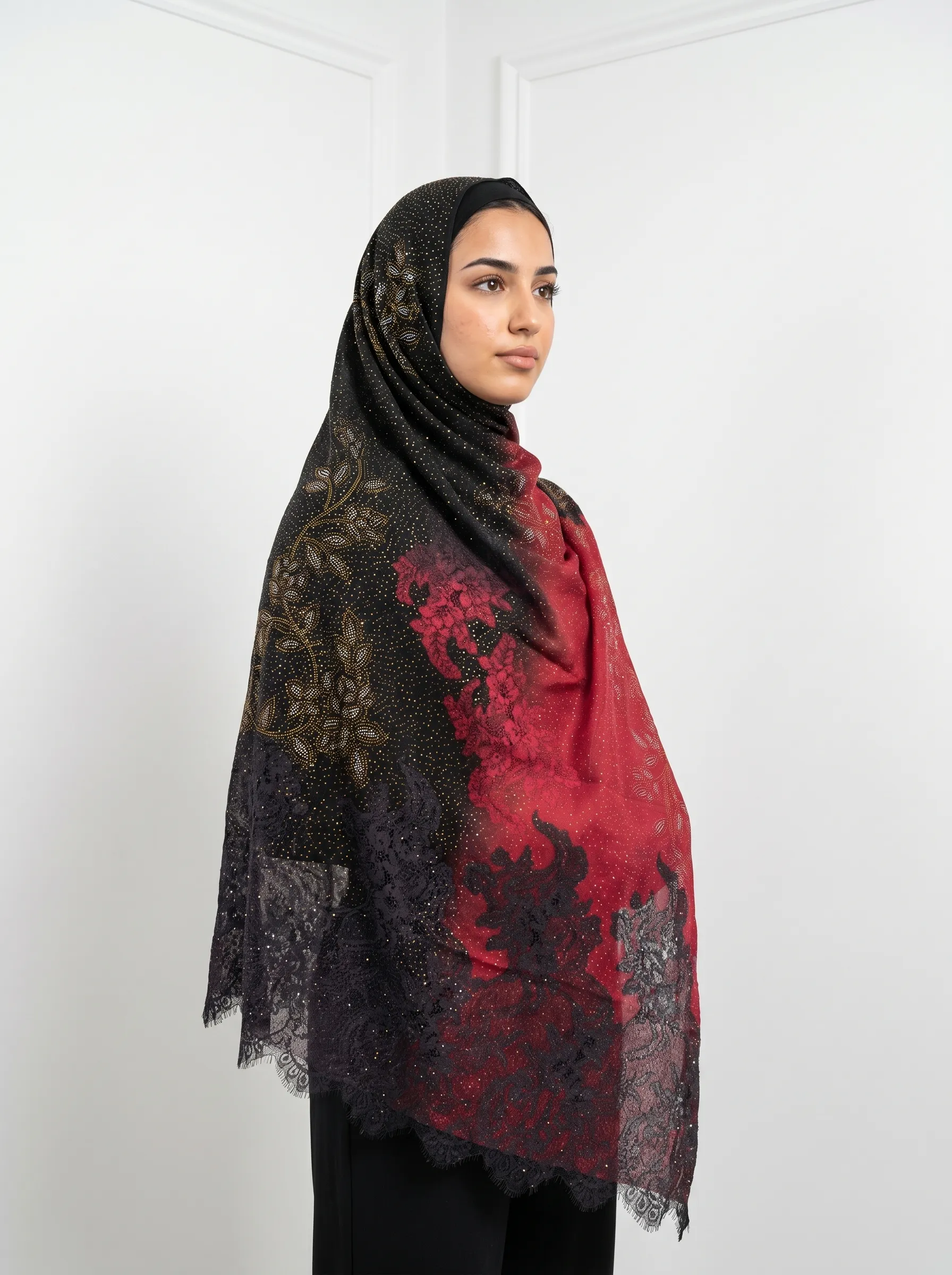 Midnight Ruby Ombre Swarovski Lace Pashmina Shawl