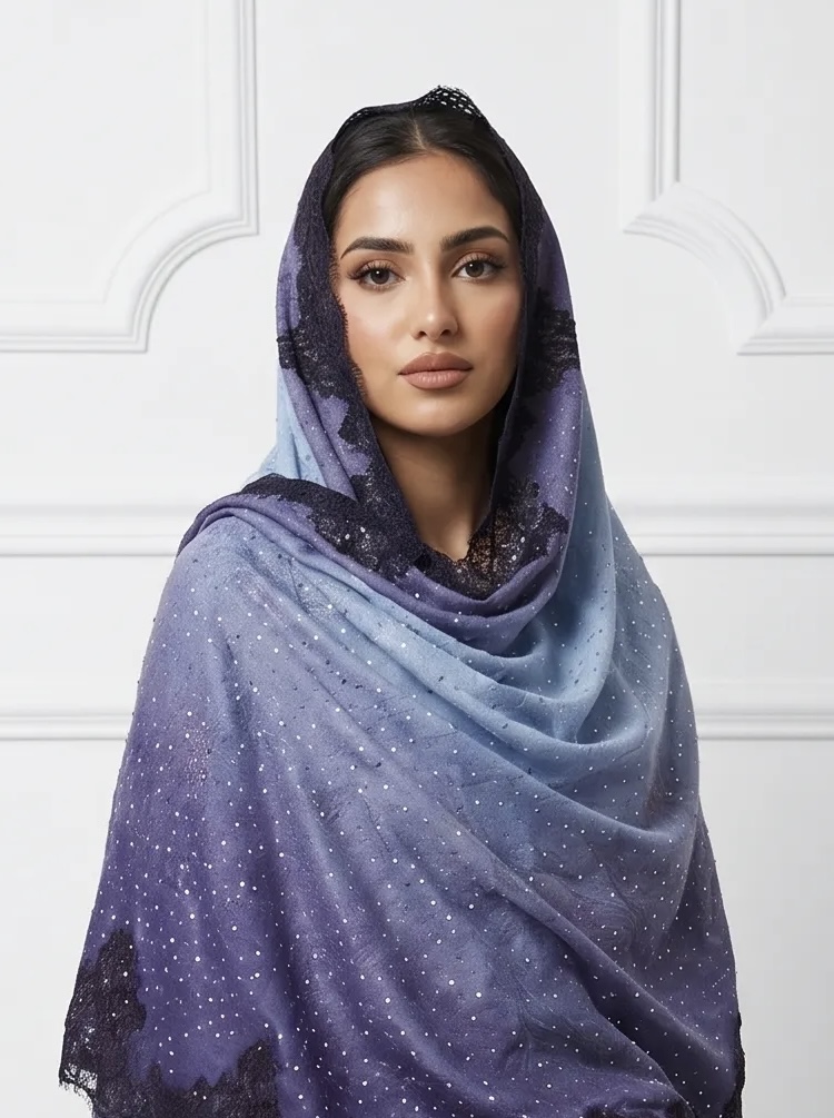 Printed Ombre Swarovski Lace Pashmina Shawl