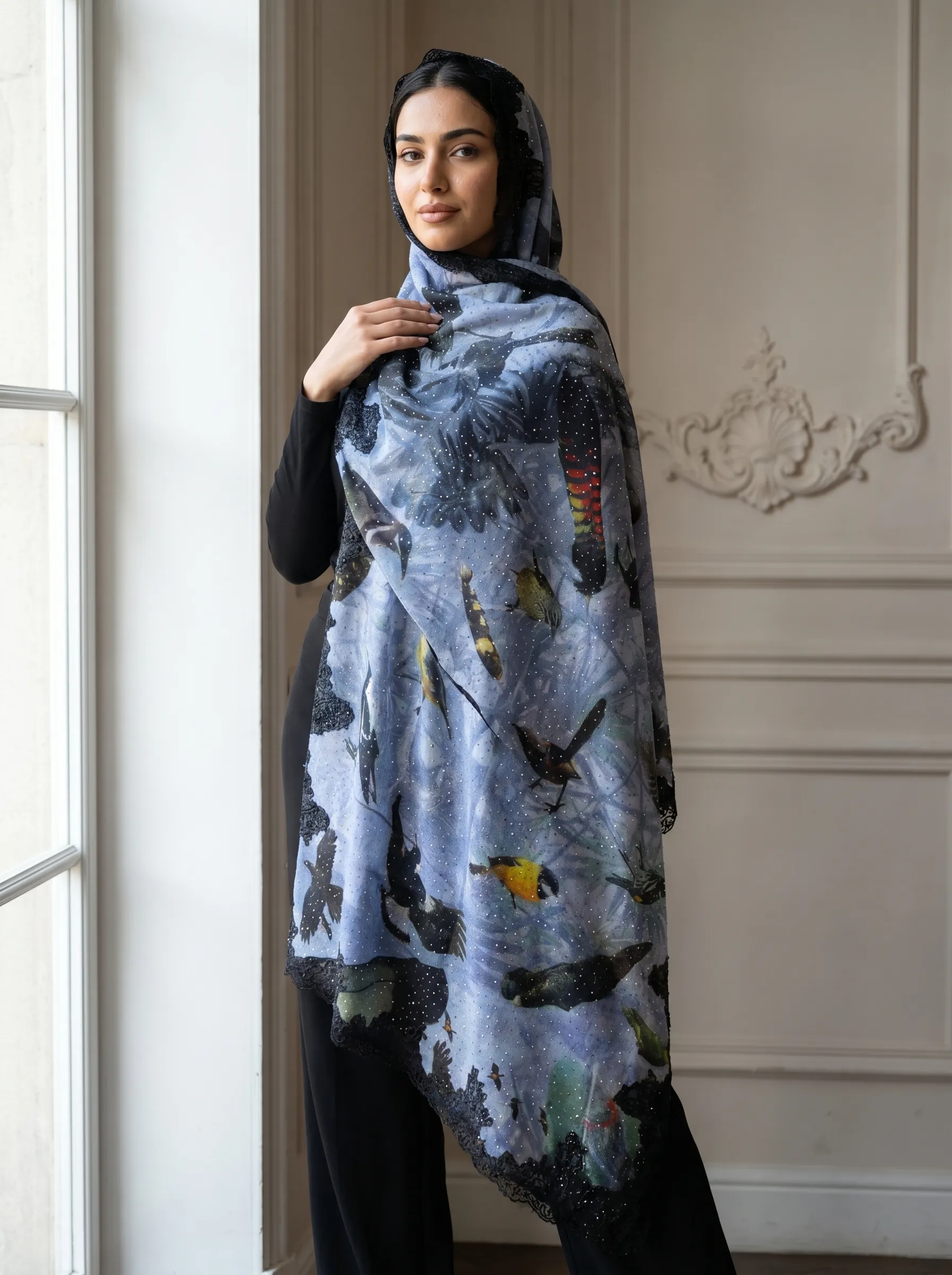 Artistic Print Swarovski Lace Pashmina Shawl