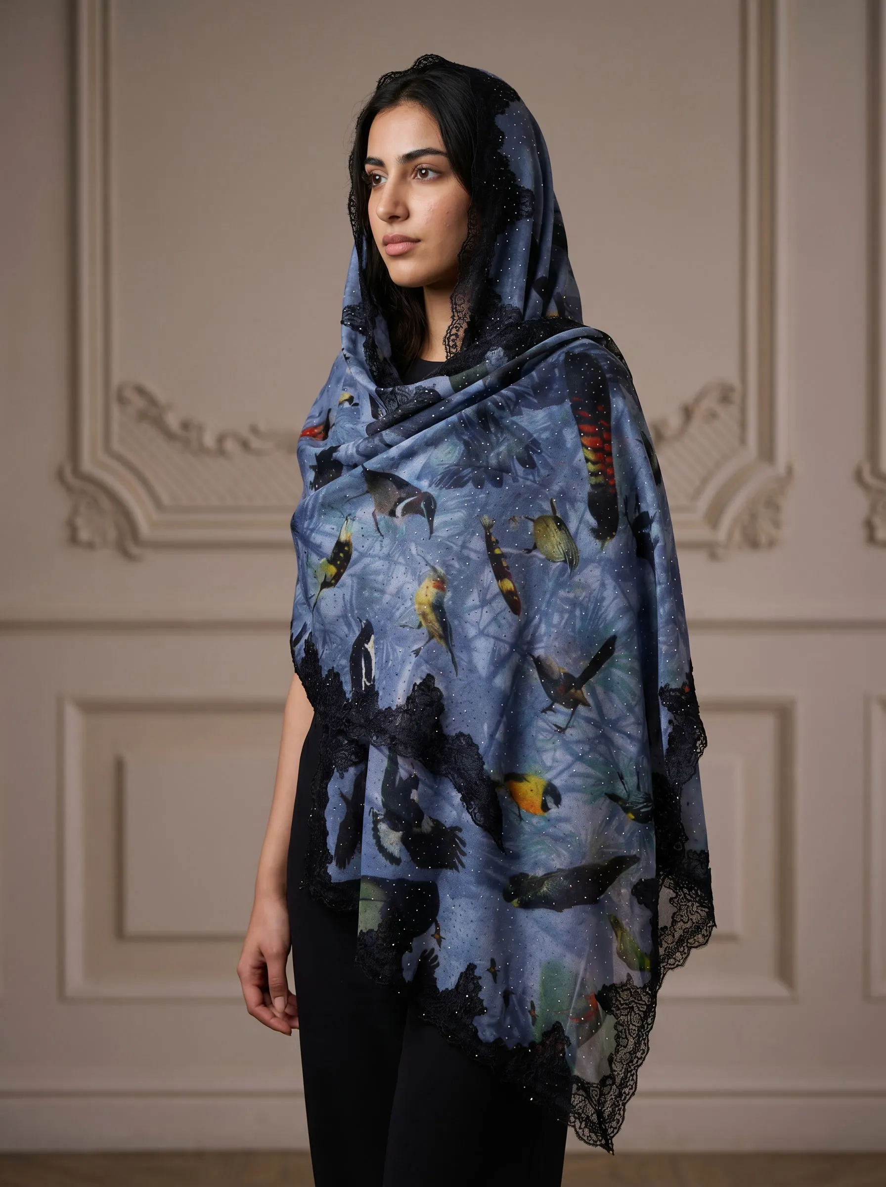 Artistic Print Swarovski Lace Pashmina Shawl