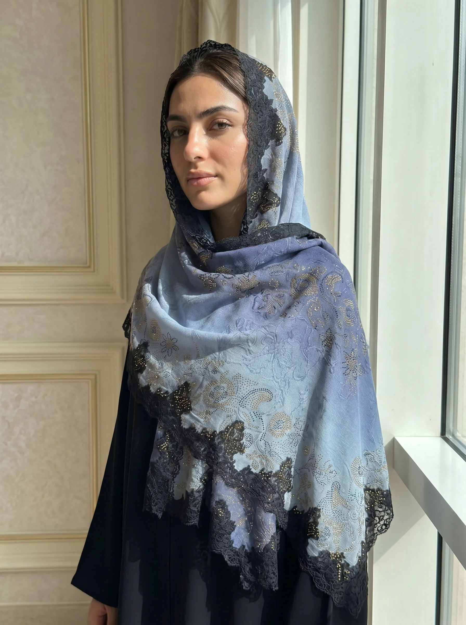 Pashmina Shawl With Swarovski And lace Detailing