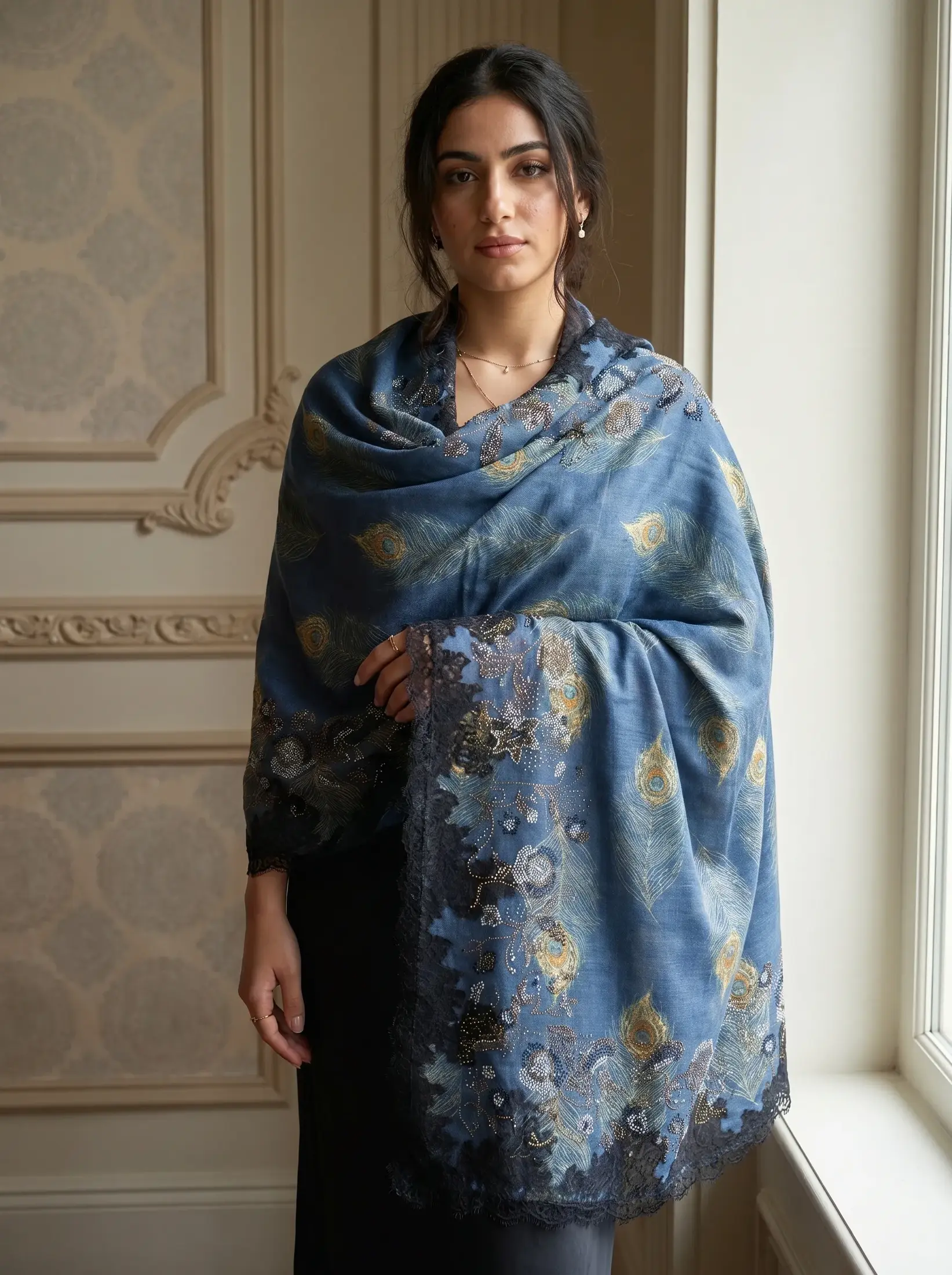 Pashmina Ombre Shawl With Swarovski and Lace Border