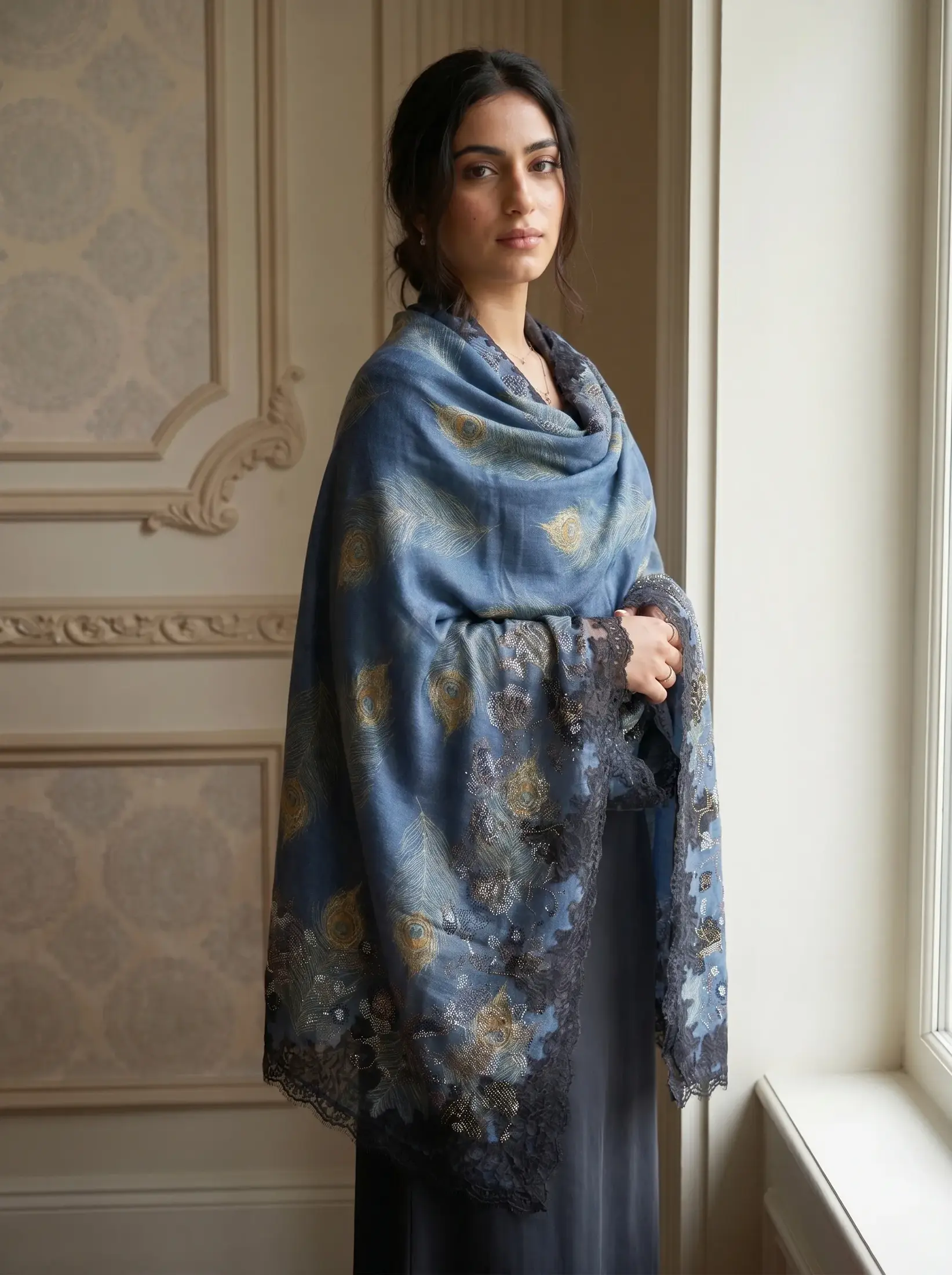 Pashmina Ombre Shawl With Swarovski and Lace Border