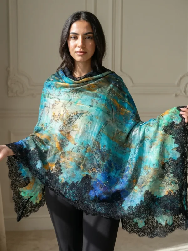 Pashmina Ombre Shawl With Swarovski and Lace Border
