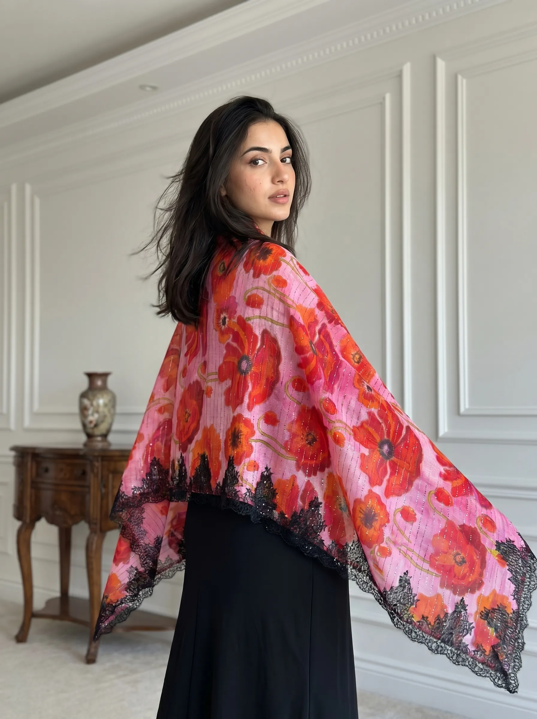 Pashmina Ombre Swarovski Shawl With Lace Border