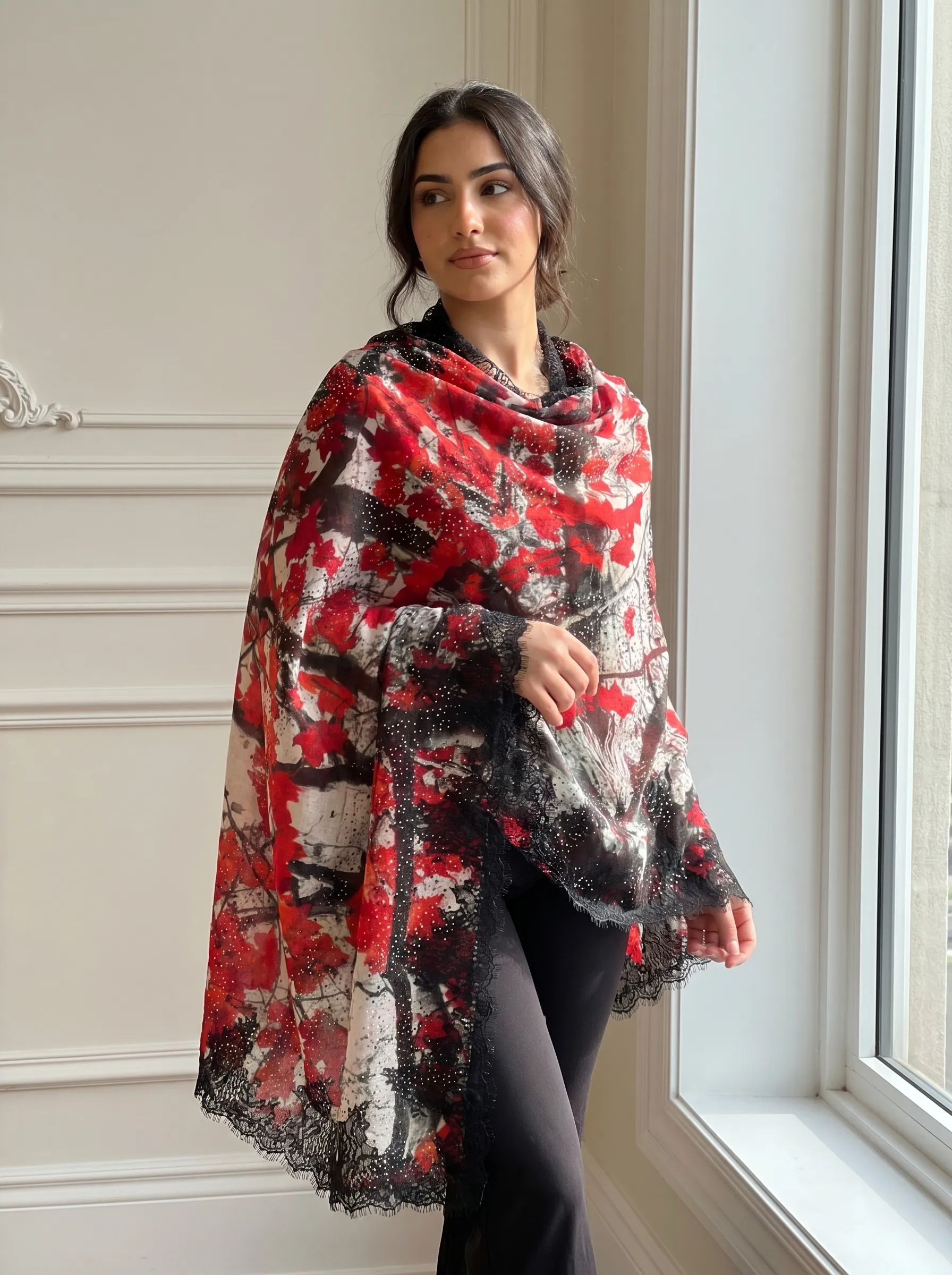 Pashmina Printed Lace Shawl With Swarovski