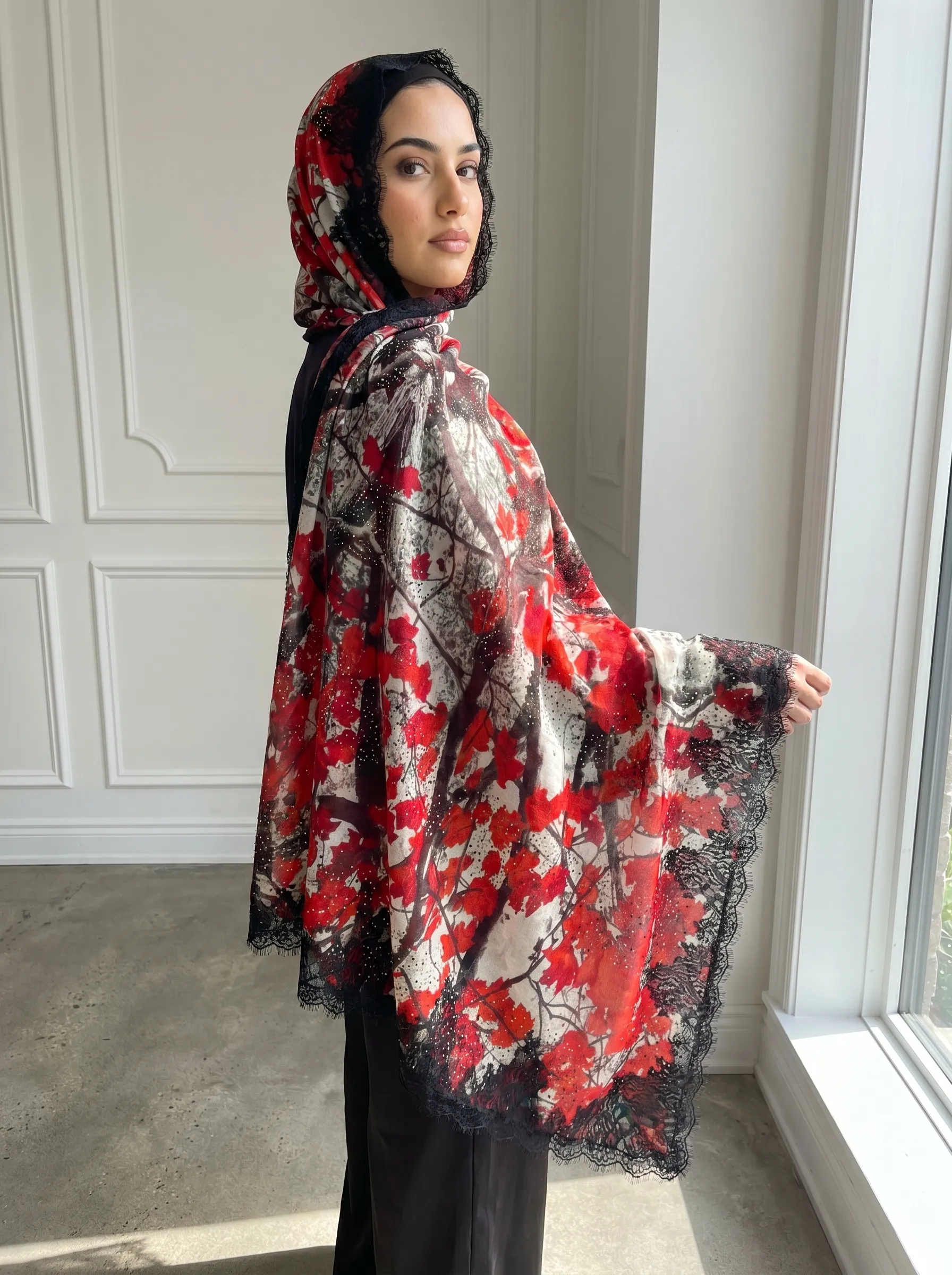 Pashmina Printed Lace Shawl With Swarovski