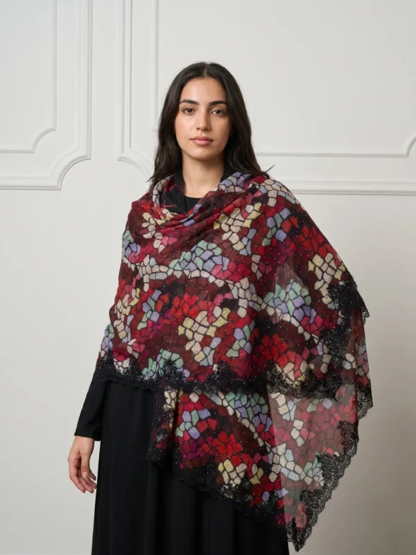 Printed Pashmina Shawl With Swarovski and Lace Detailing
