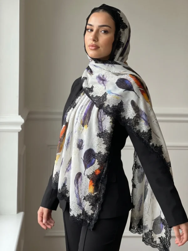 Printed Pashmina Shawl With Swarovski and Lace Detailing