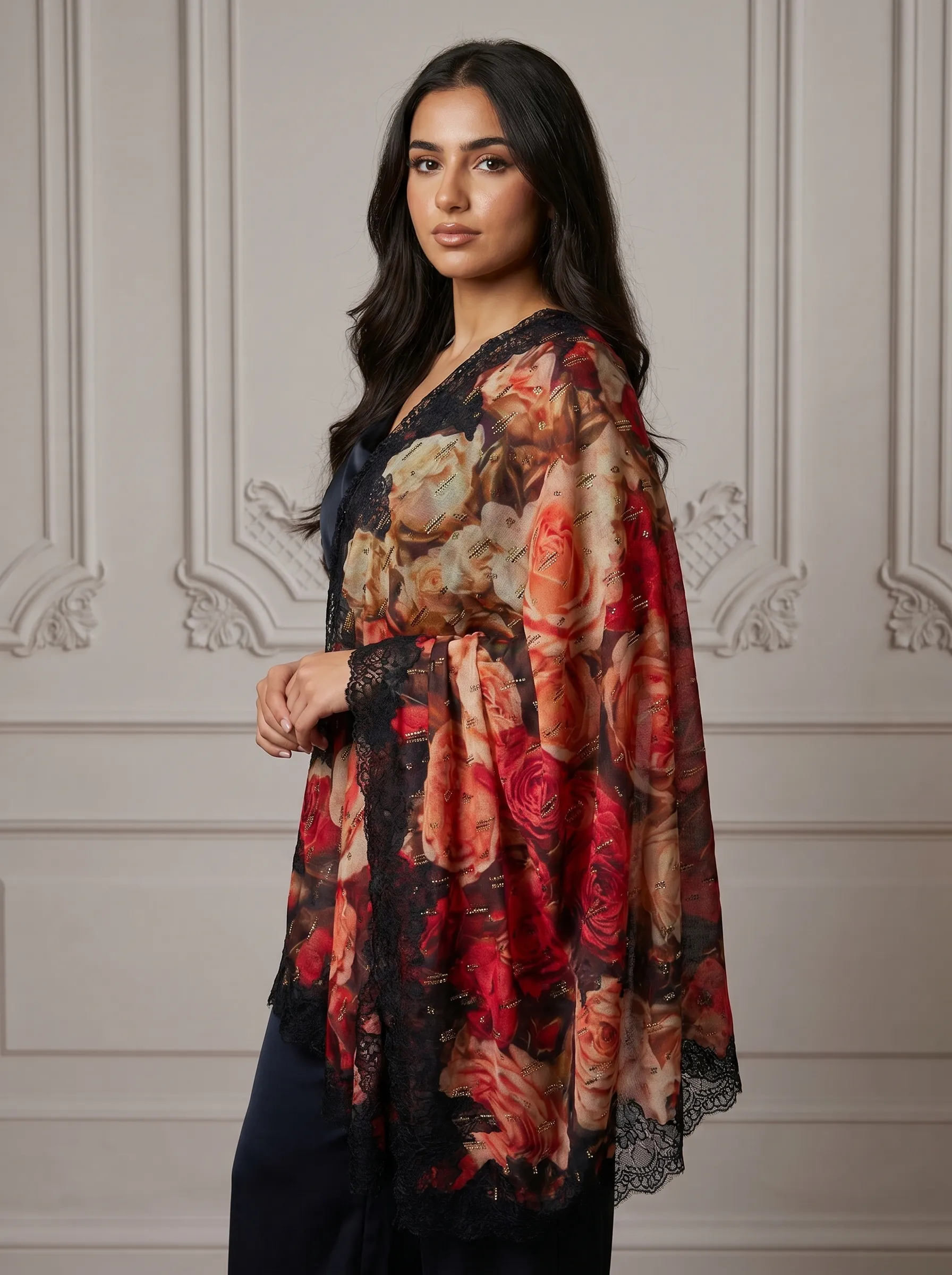 Digital Print Swarovski Pashmina Lace Shawl