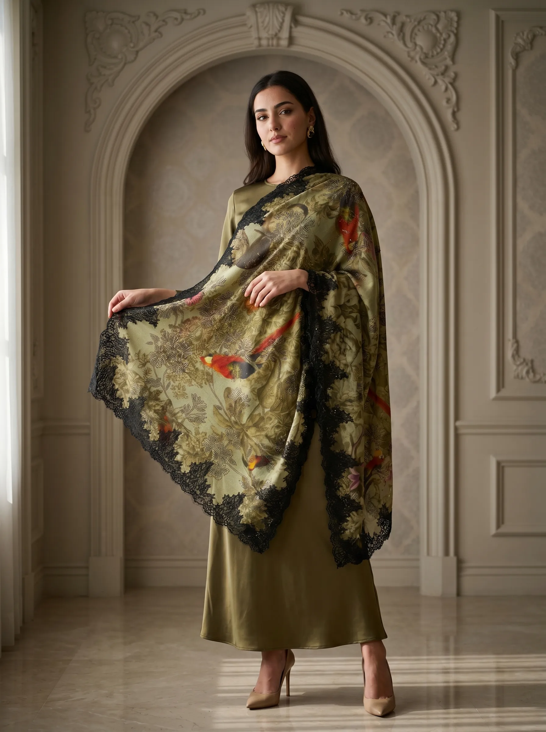 Digital Print Swarovski Embedded Pashmina Lace Shawl