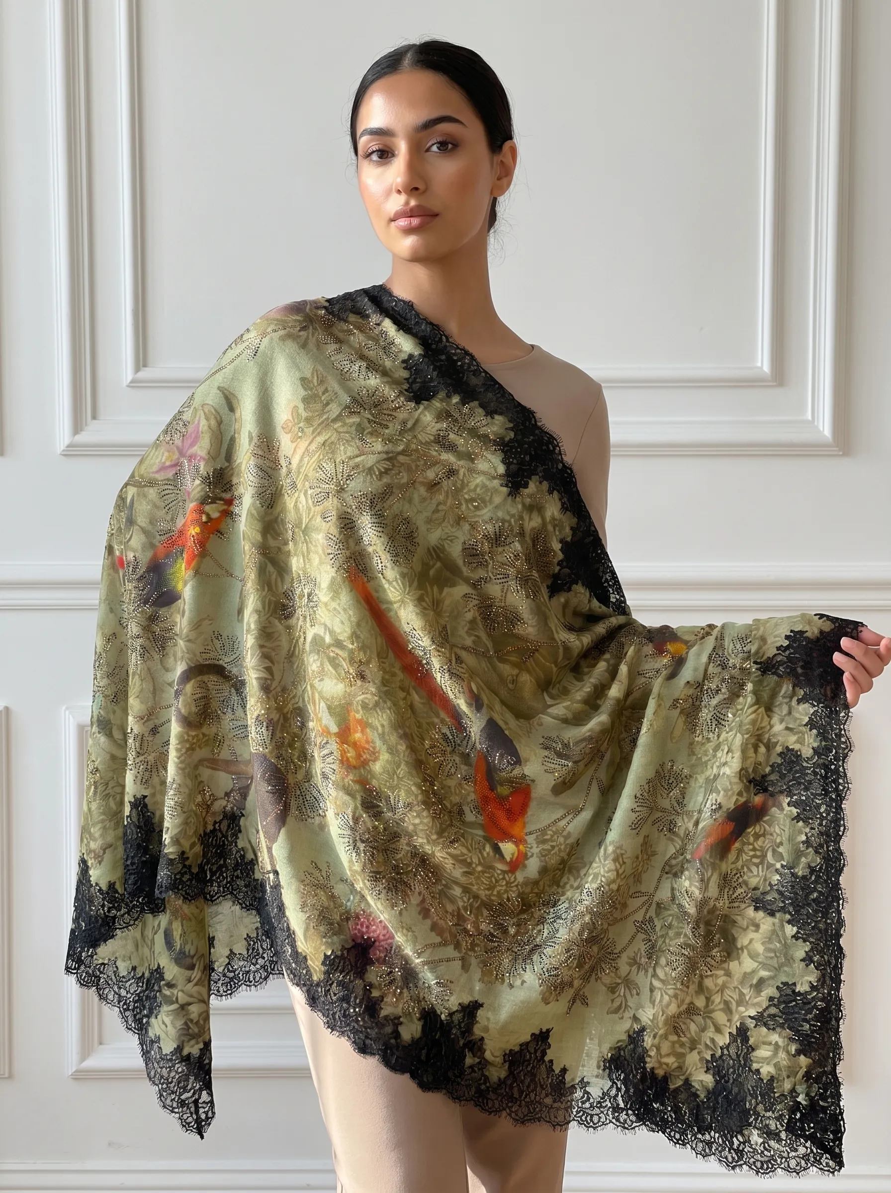 Digital Print Swarovski Embedded Pashmina Lace Shawl