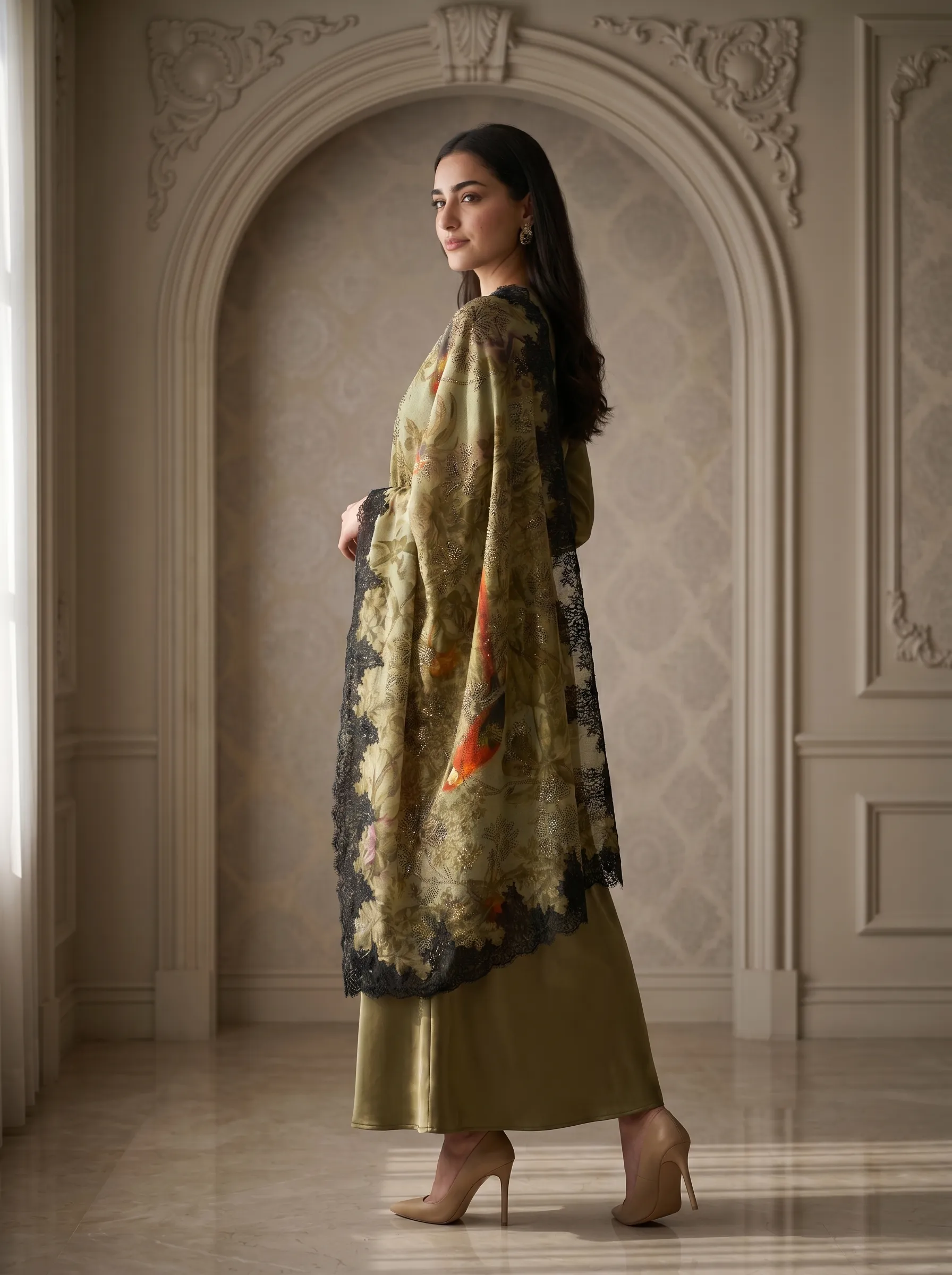 Digital Print Swarovski Embedded Pashmina Lace Shawl