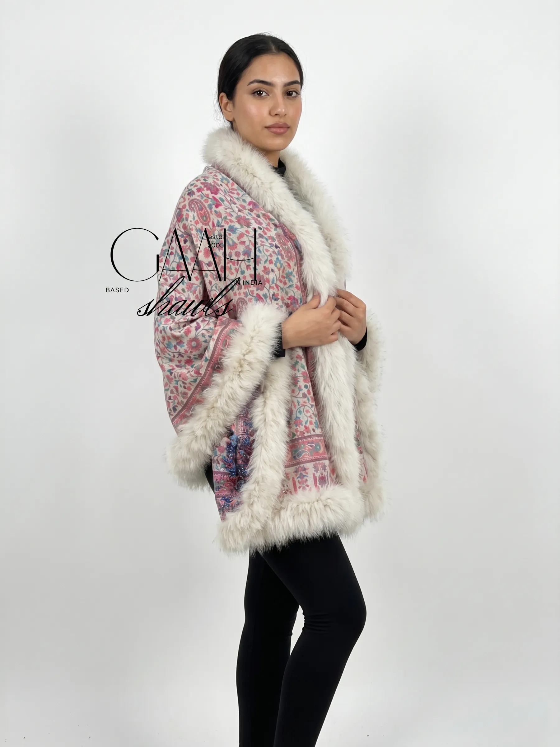 Kani Pashmina Shawl With Four Side Fur Trim