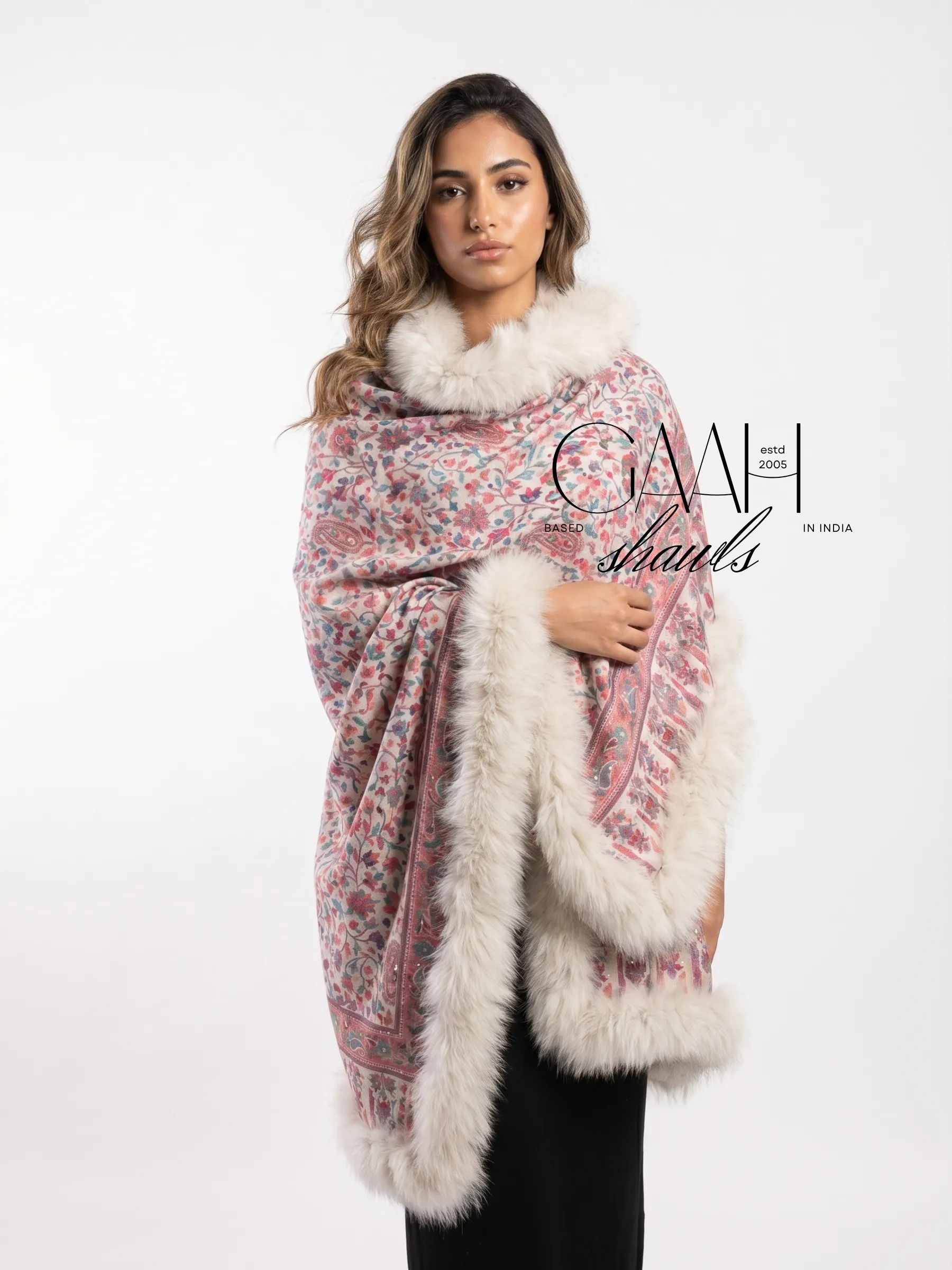 Kani Pashmina Shawl With Four Side Fur Trim