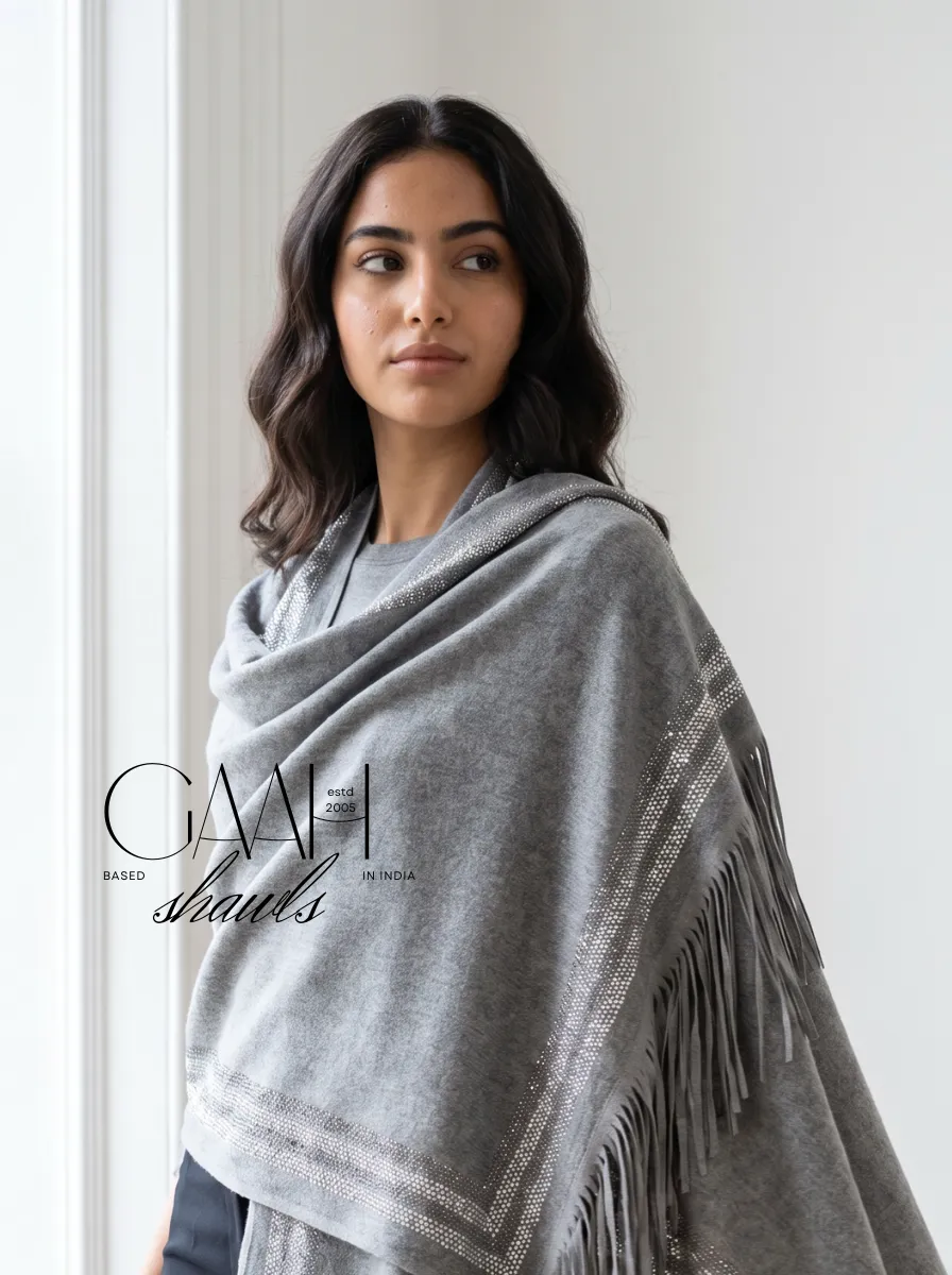 Cashmere Swarovski Shawl With Suede Fringes