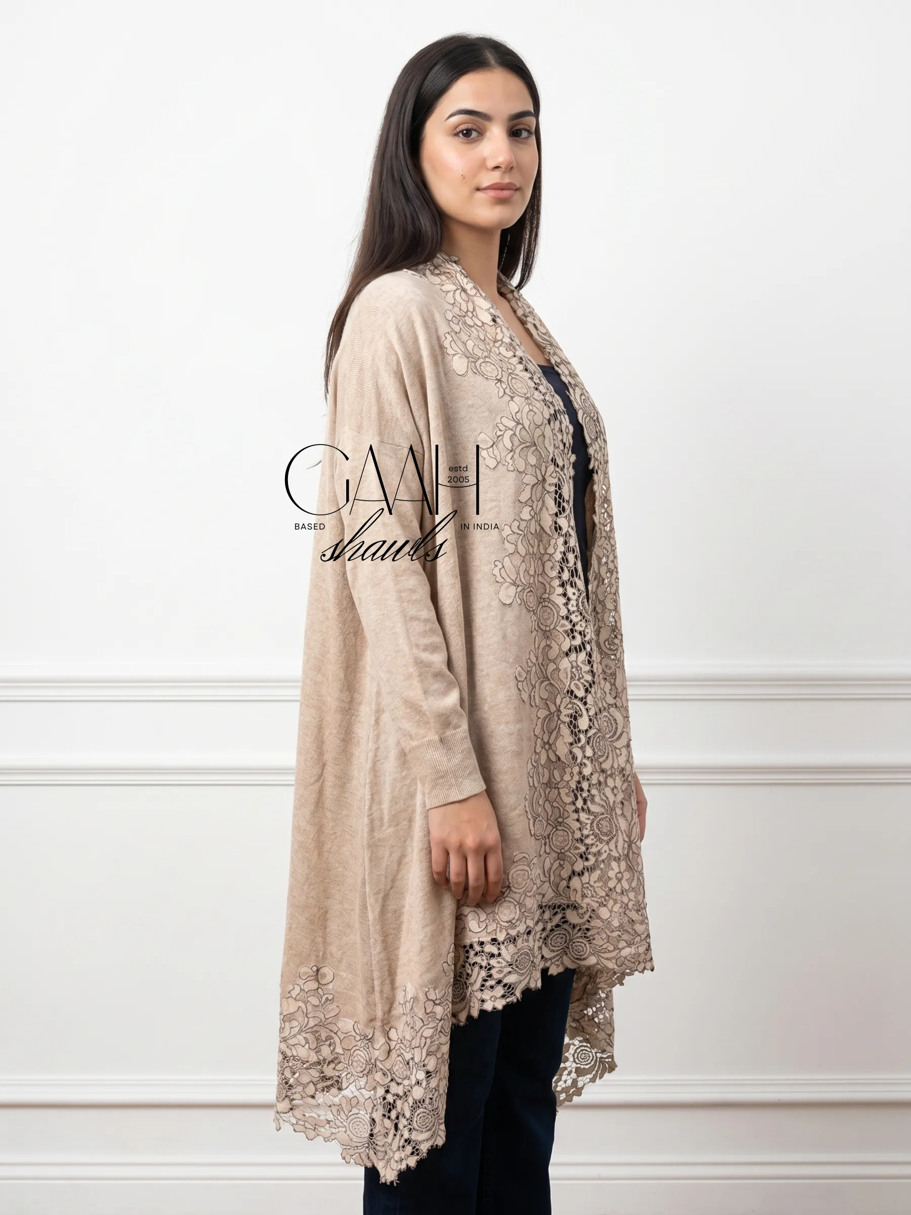 Cashmere Knitted Shrug With Floral Lace Border