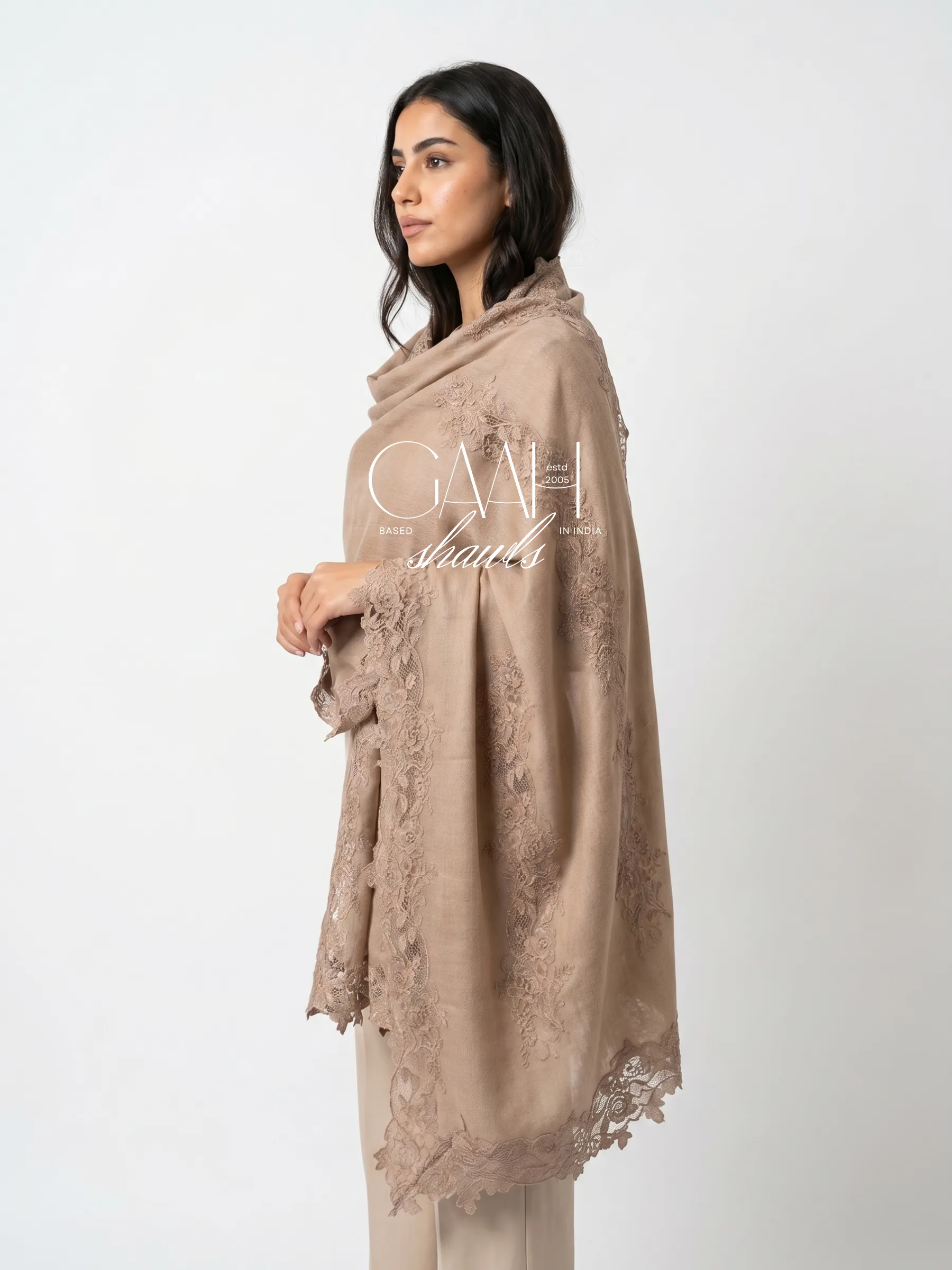 Floral Lace Pashmina Shawl – Nude Taupe