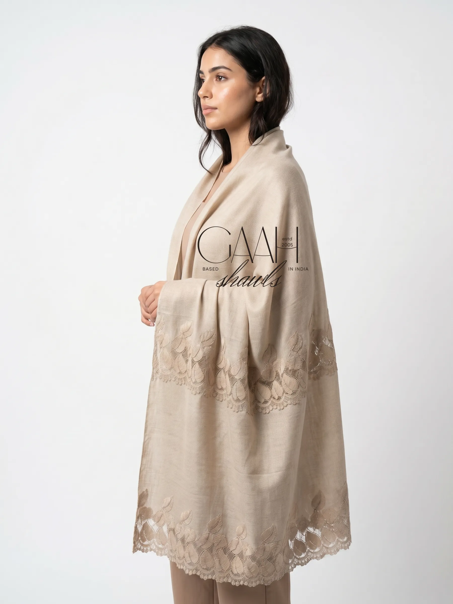Pearl Beige Pashmina Shawl With Leaf Lace