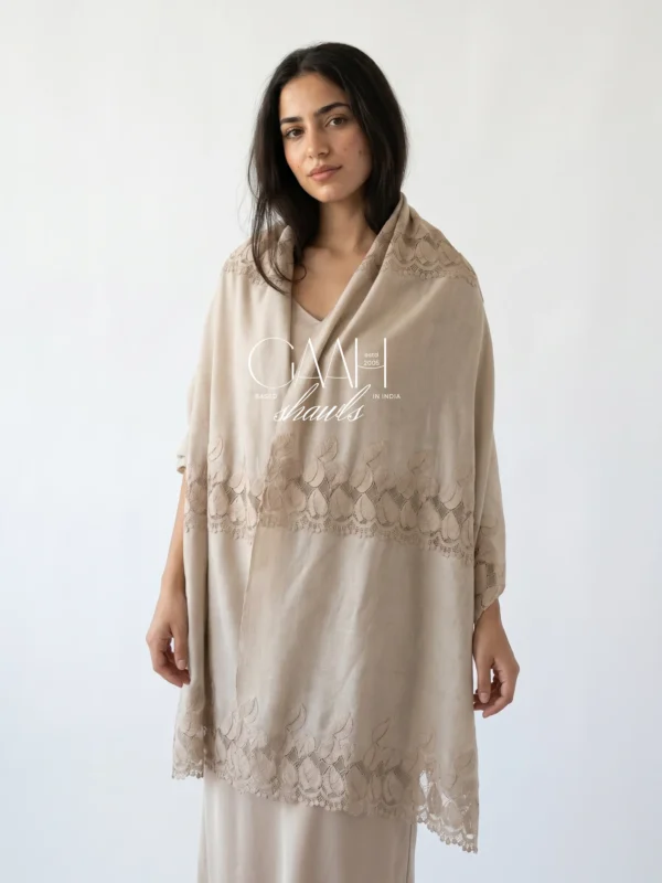 Pearl Beige Pashmina Shawl With Leaf Lace
