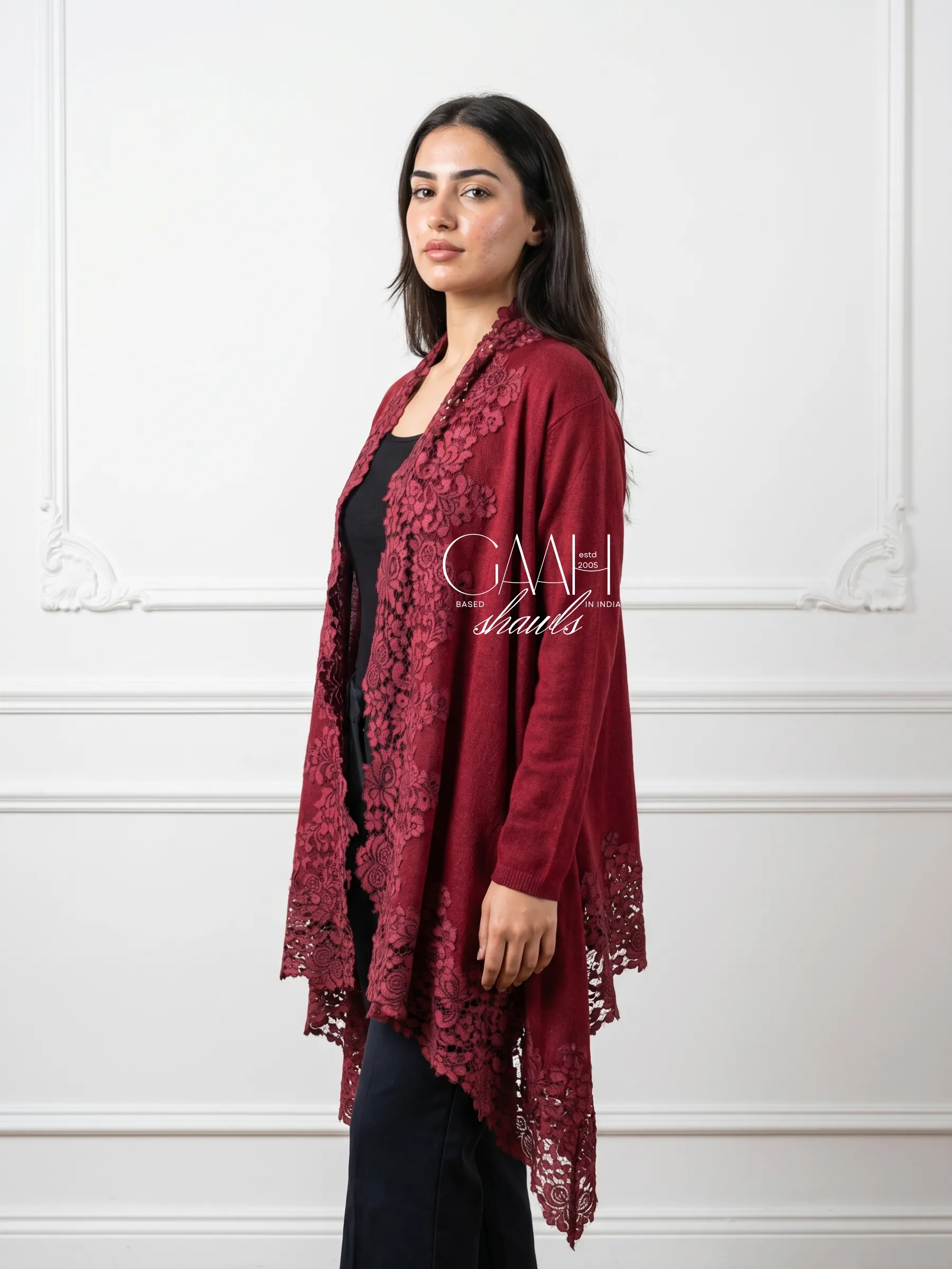 Lace Trim Cashmere Knit Shrug