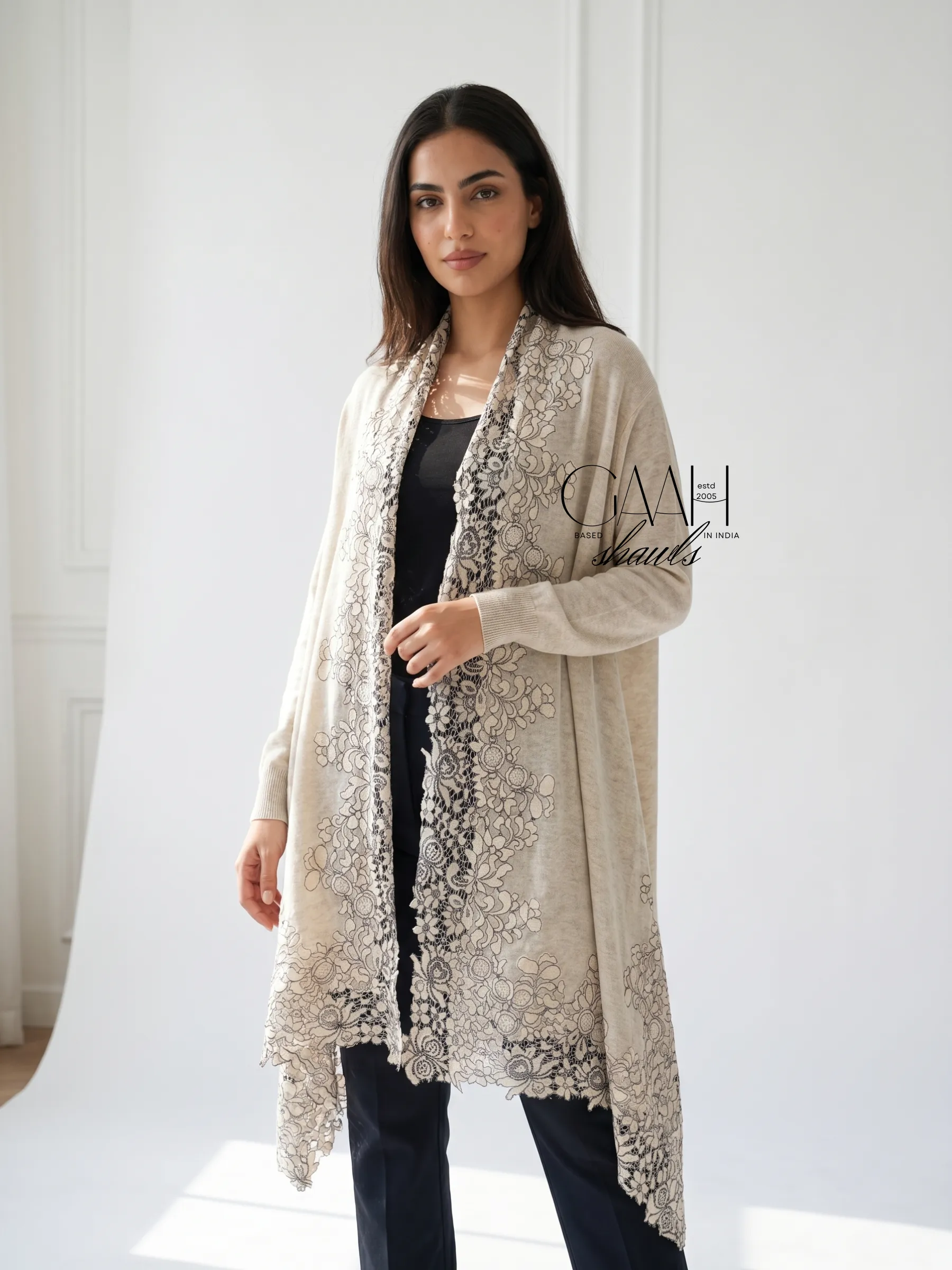 Cashmere Knit Shrug With Floral Border Lace