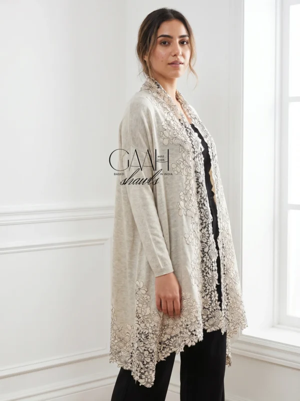 Cashmere Knit Shrug With Floral Border Lace