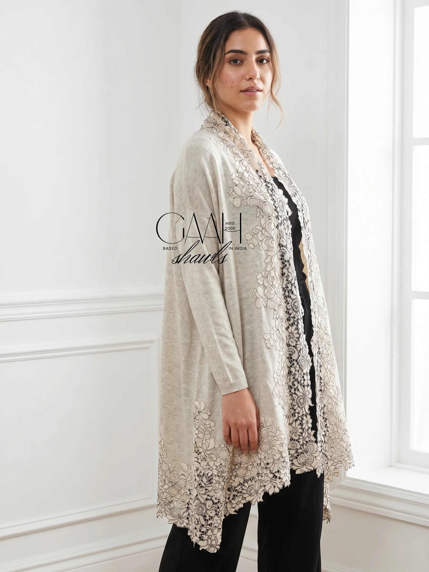 Cashmere Knit Shrug With Floral Border Lace