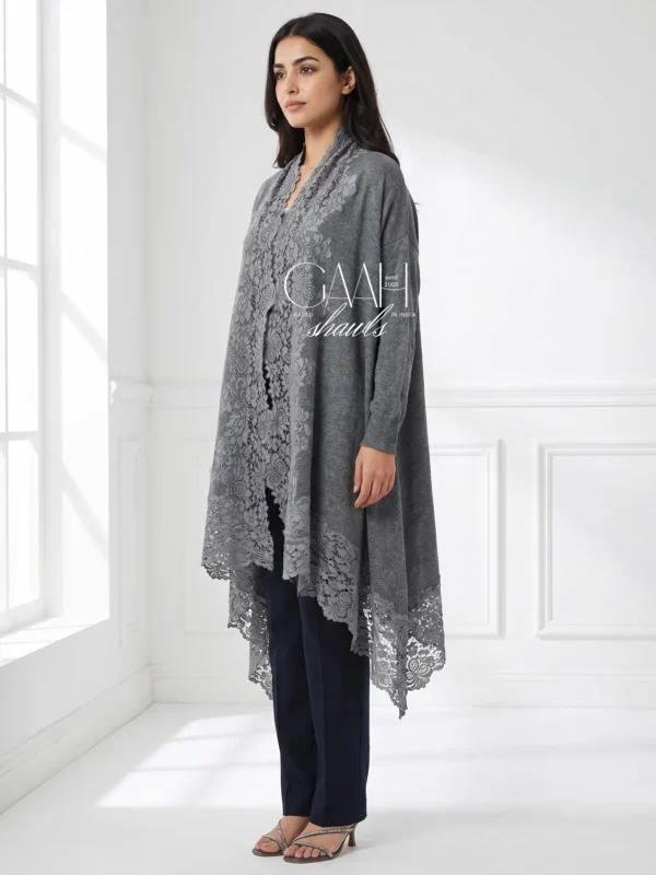 Cashmere Knitted Shrug With Lace Trim