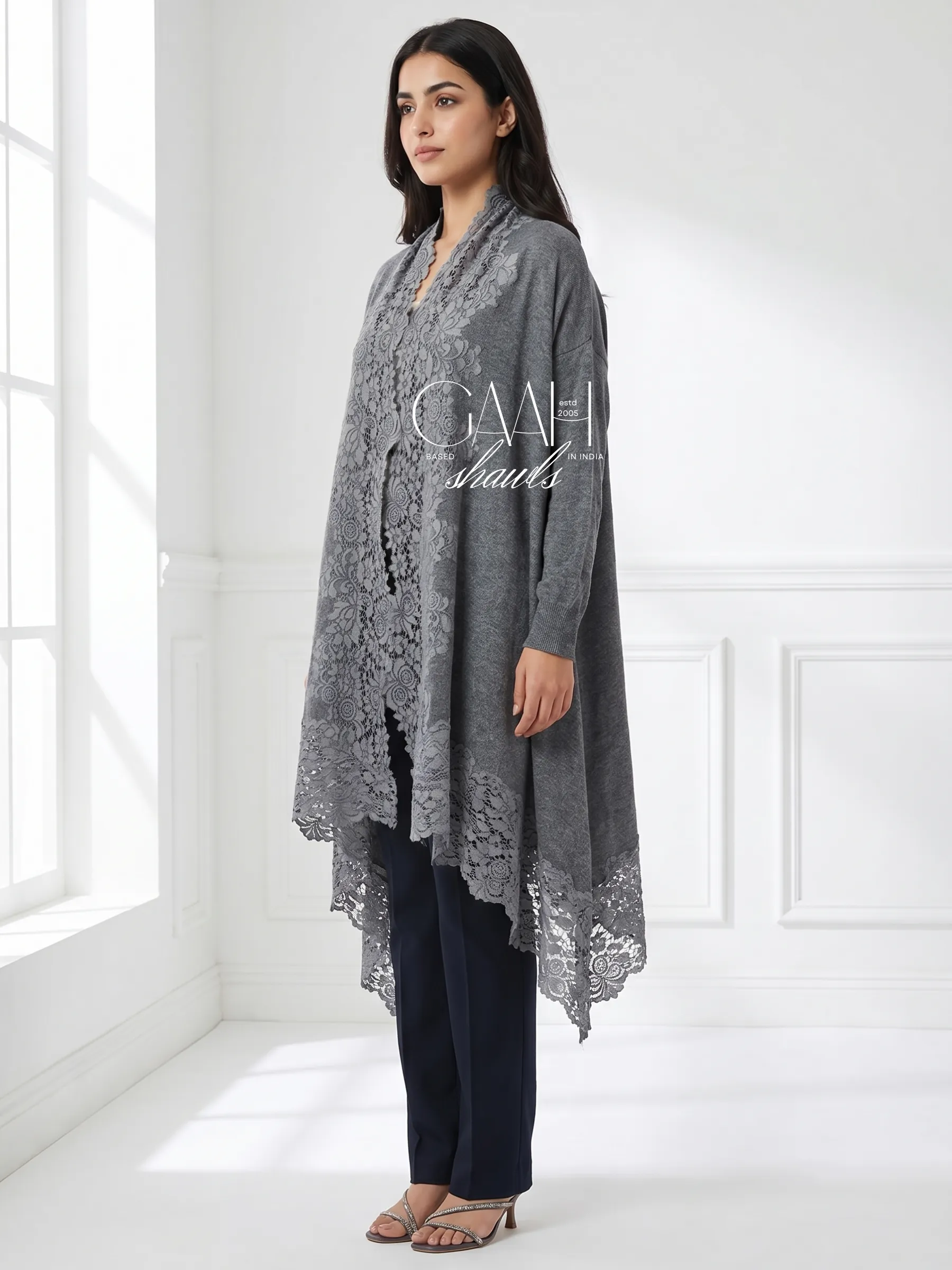Cashmere Knitted Shrug With Lace Trim