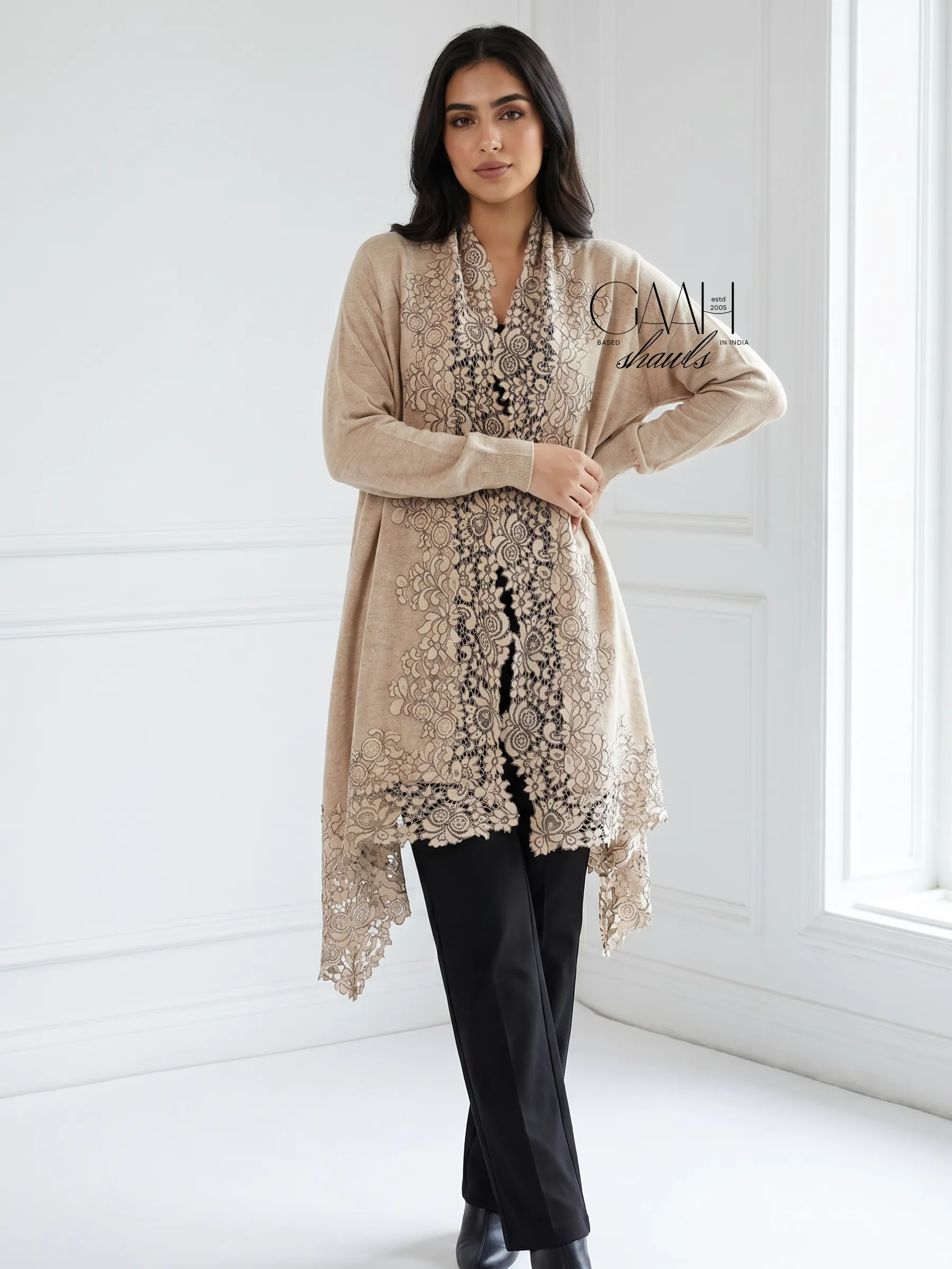 Cashmere Knitted Shrug With Floral Lace Border Cashmere Knitted Shrug With Floral Lace Border
