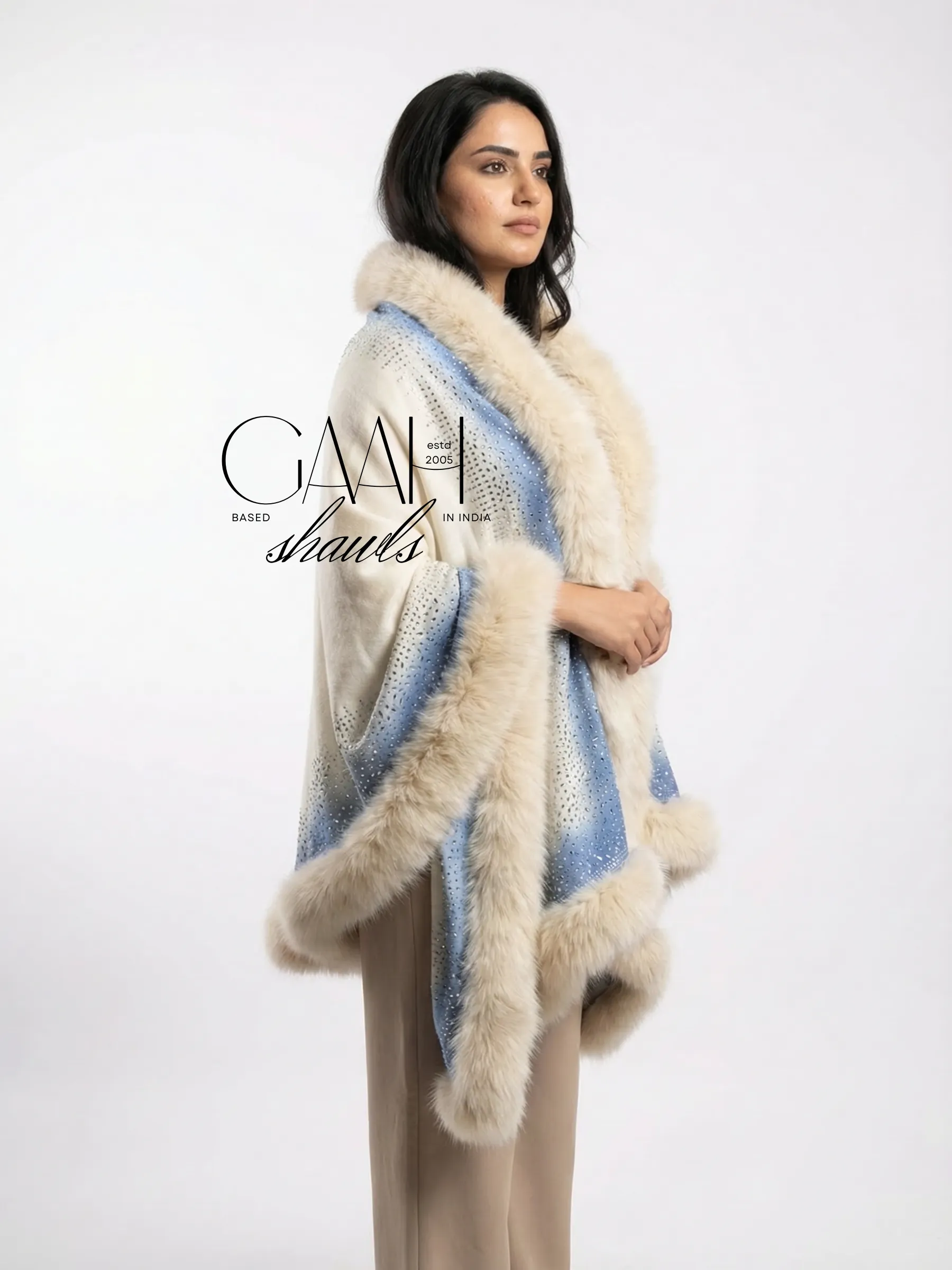 Pashmina Fur Shawl With Scatter Border Swarovski Design