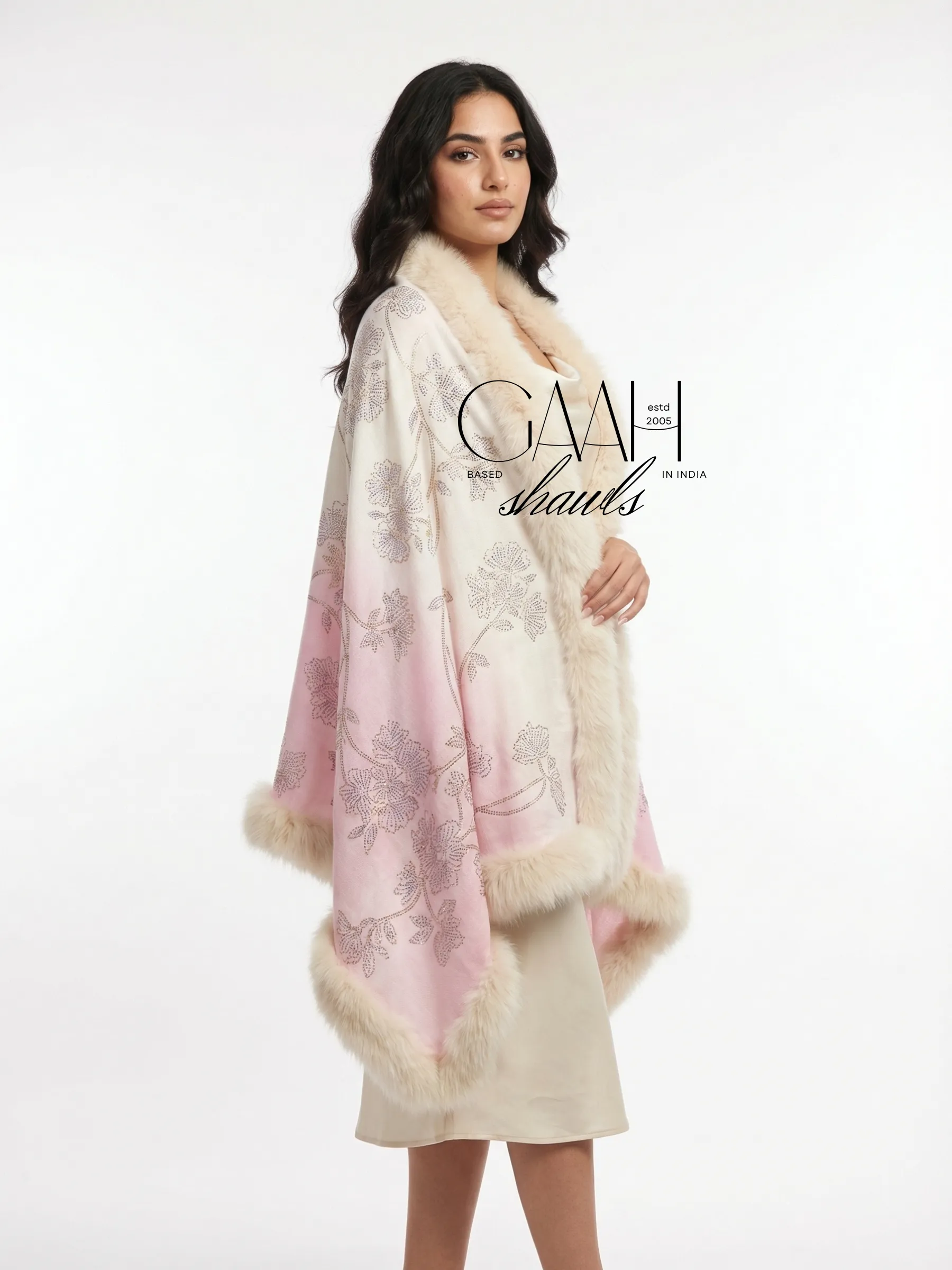 Pashmina Fur Shawl With Allover Floral Crystal Design