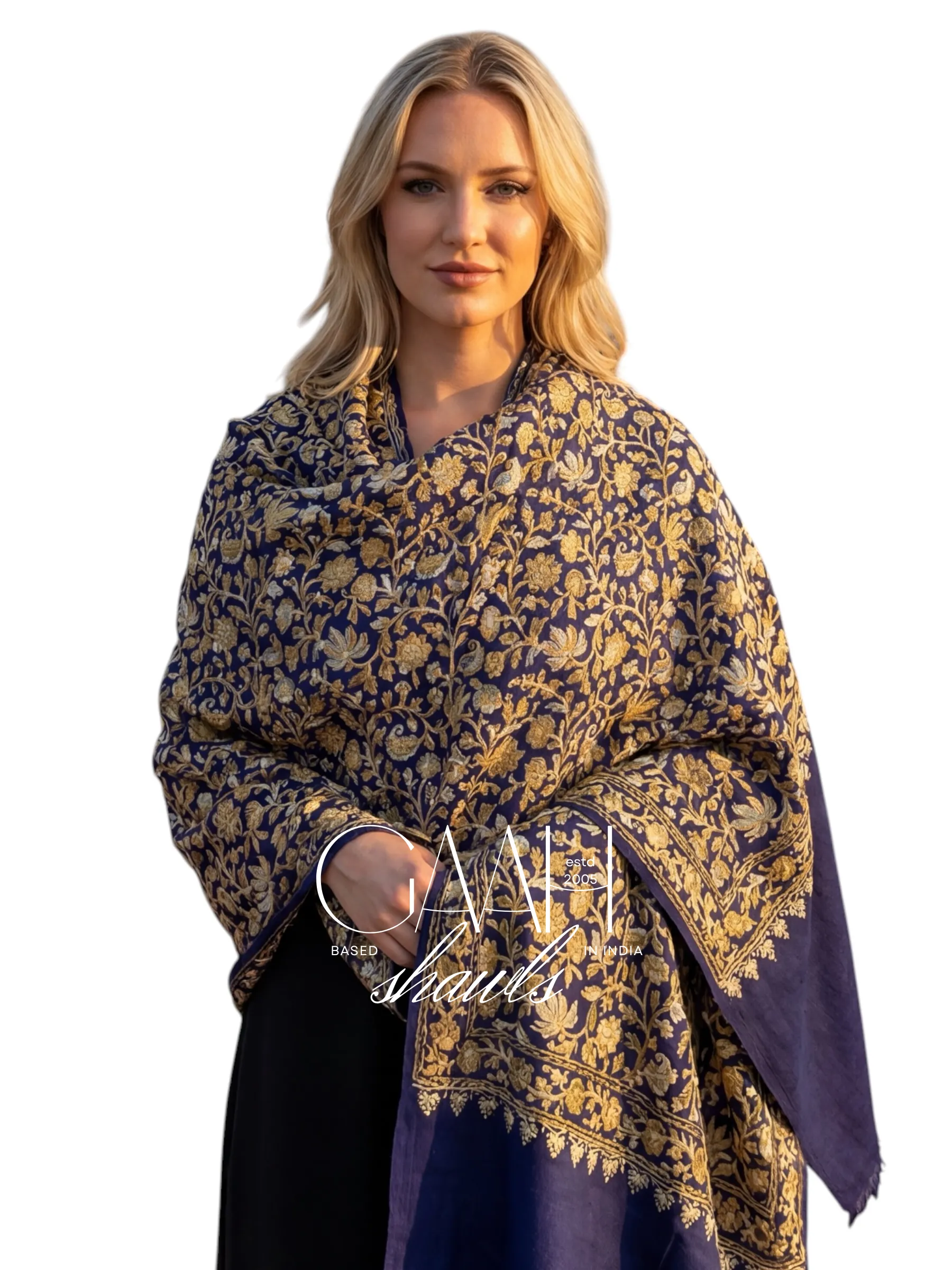 Royal indigo kashmiri pashmina shawl with heavy aari embroidery