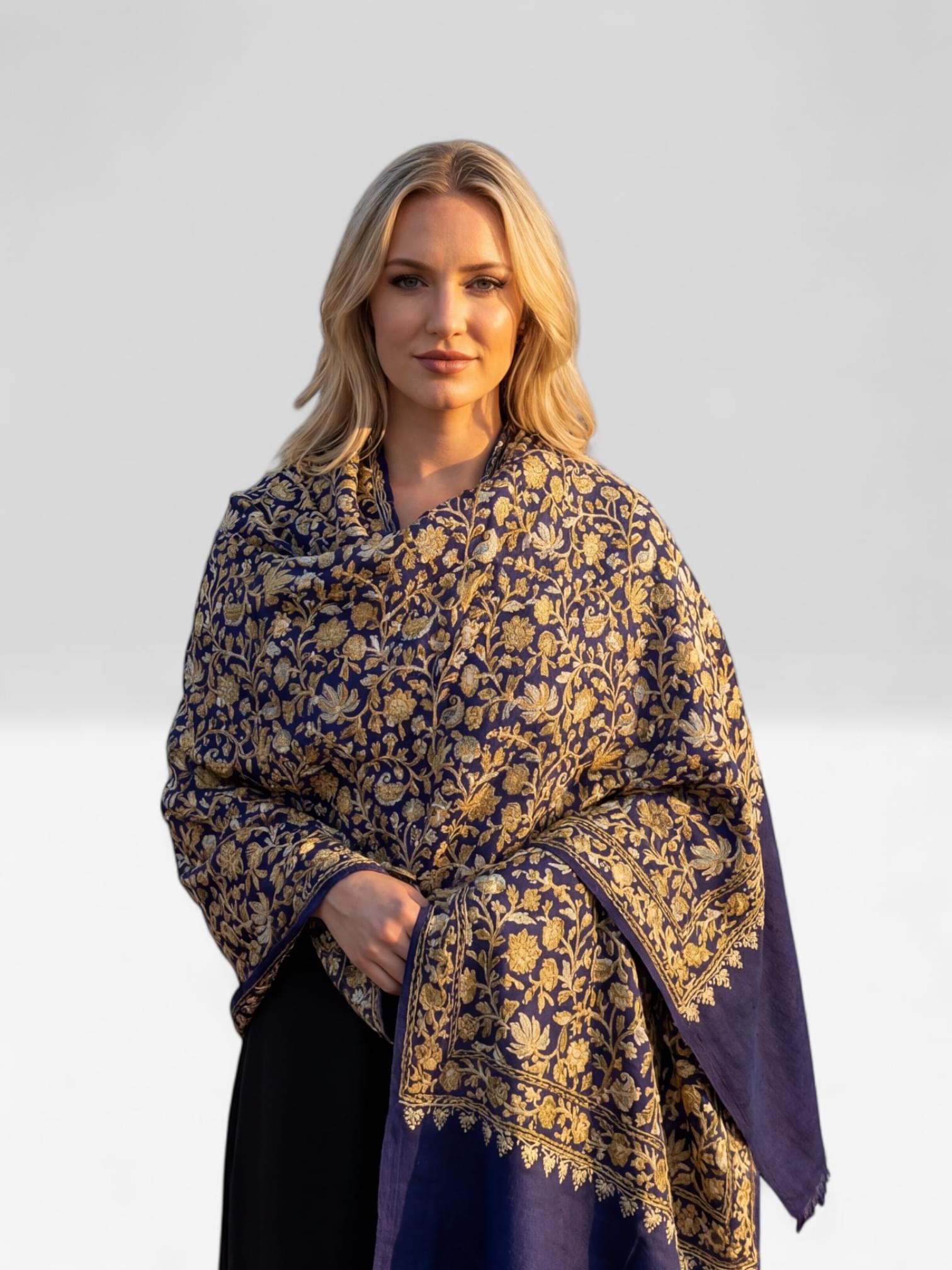 royal indigo kashmiri pashmina shawl with heavy aari embroidery royal indigo kashmiri pashmina shawl with heavy aari embroidery