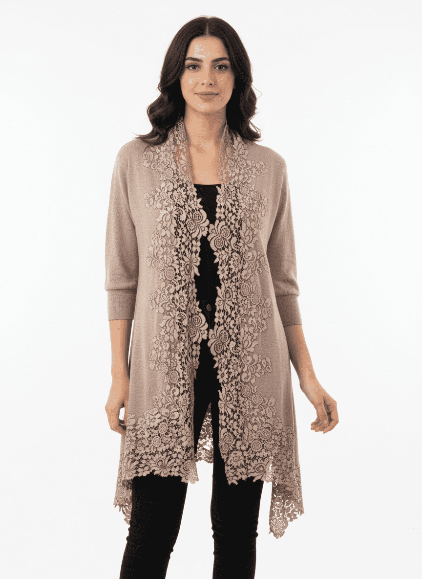 cashmere knitted women's shrug with border french lace (free size) cashmere knitted women's shrug with border french lace (free size)