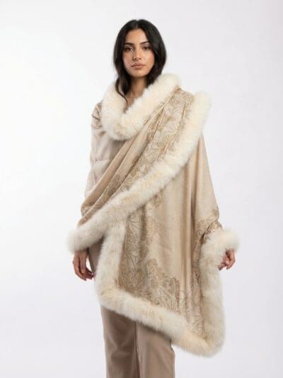 Pashmina Fur Shawl With Border Floral Swarovski Design