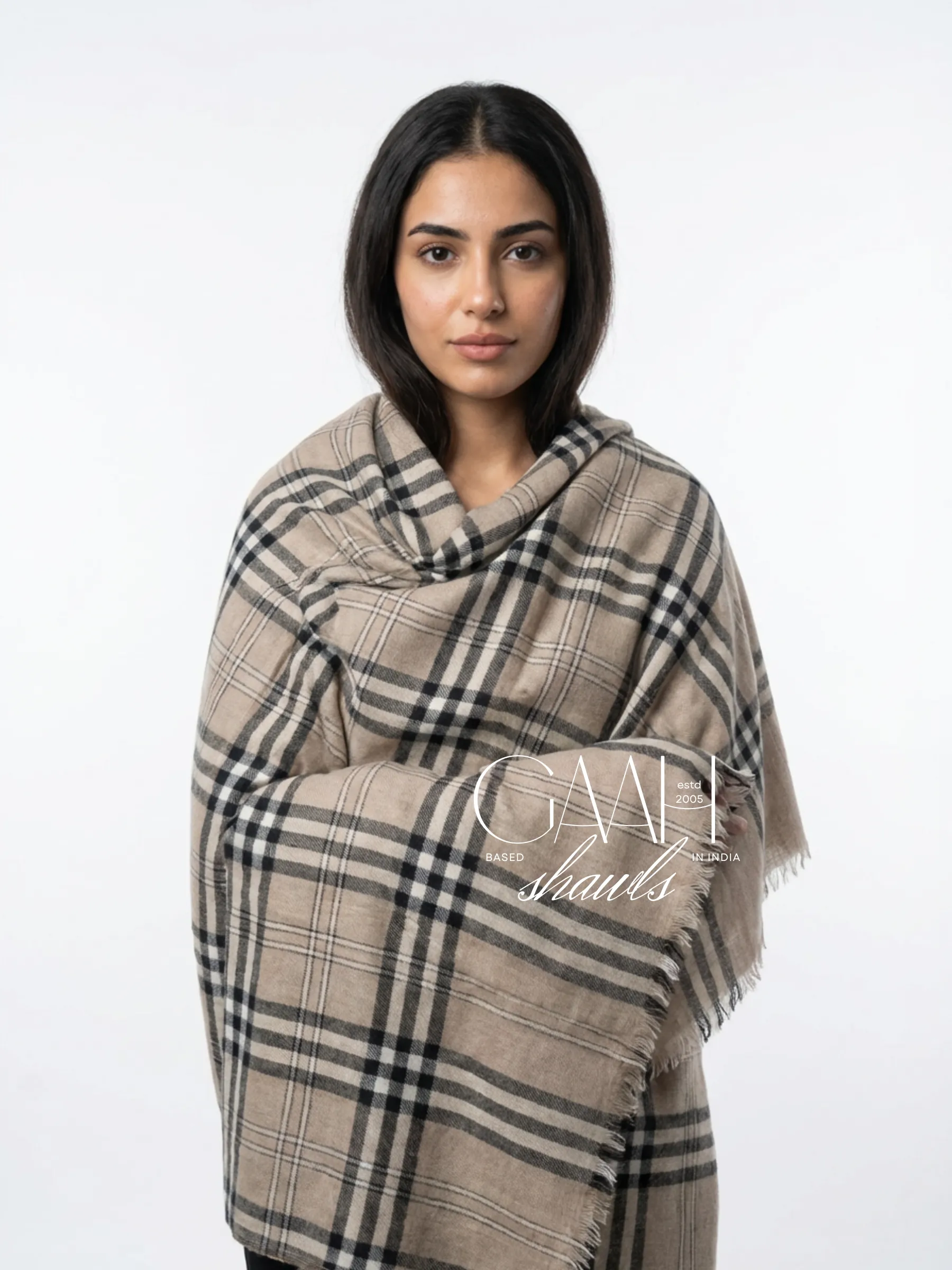 100% pure pashmina plaid shawl – classic beige check luxury wrap