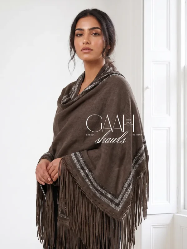Cashmere Swarovski Shawl With Suede Fringes