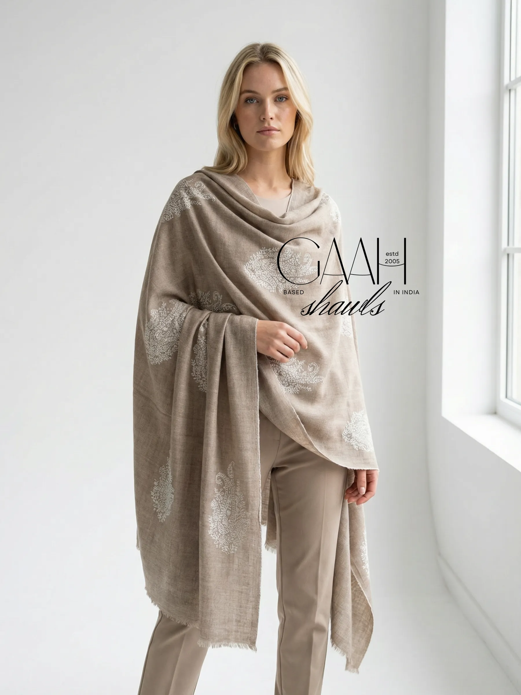 100% pure pashmina beige shawl with sozni embroidery