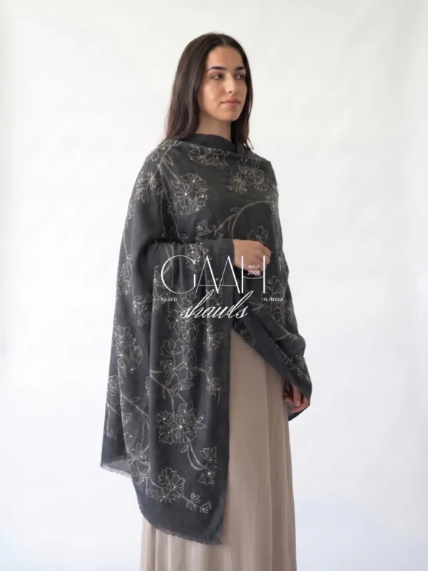 Midnight Black Pashmina Shawl with All-Over Floral Swarovski