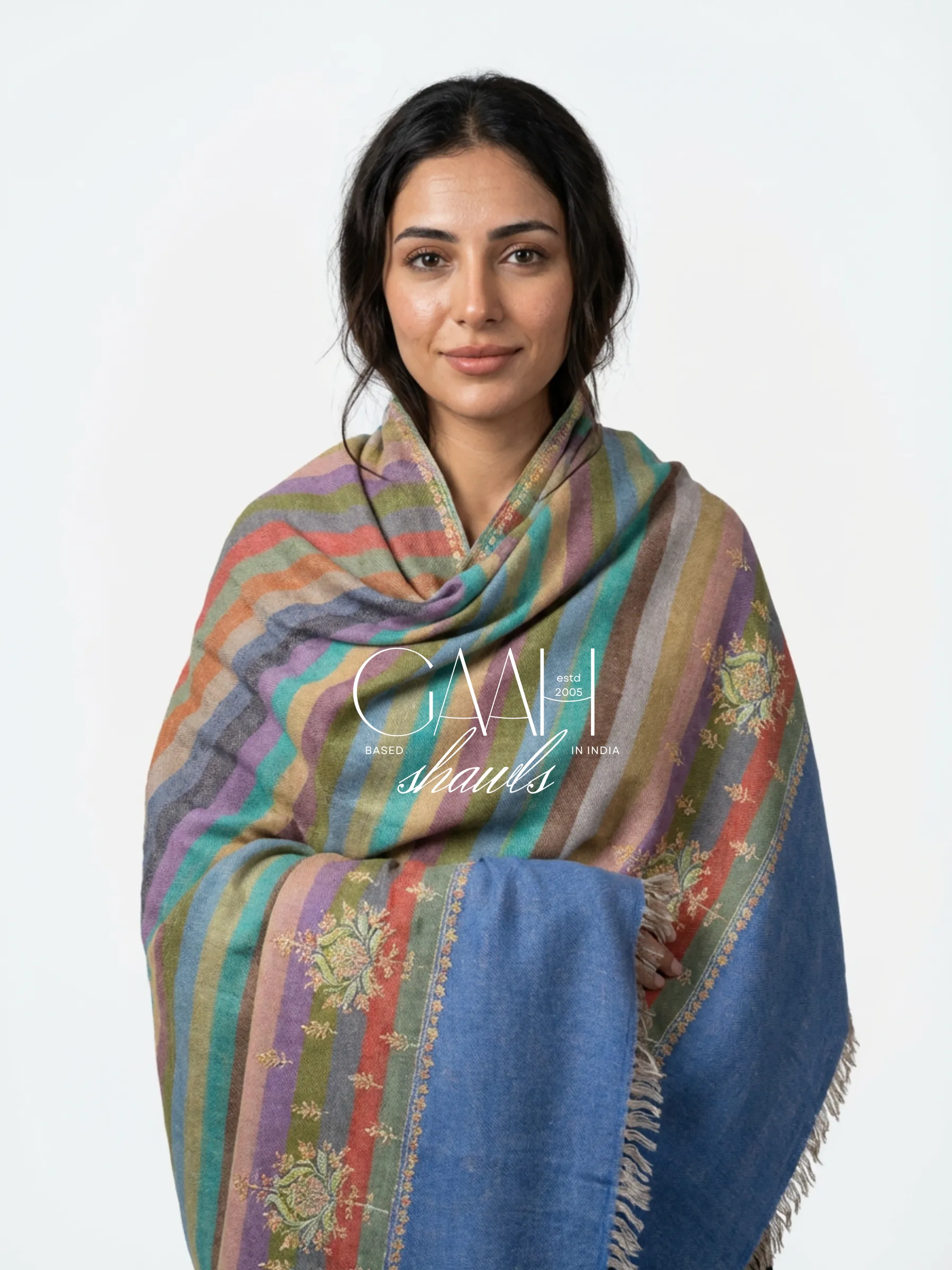 100% pure pashmina multicolor striped shawl with sozni embroidery