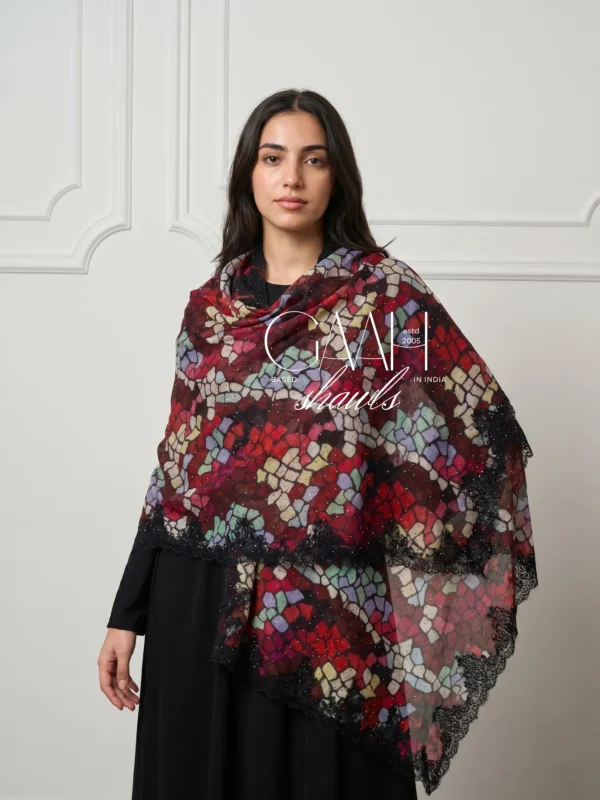 Printed Pashmina Shawl With Swarovski and Lace Detailing