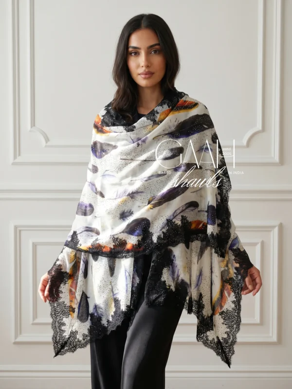 Printed Pashmina Shawl With Swarovski and Lace Detailing