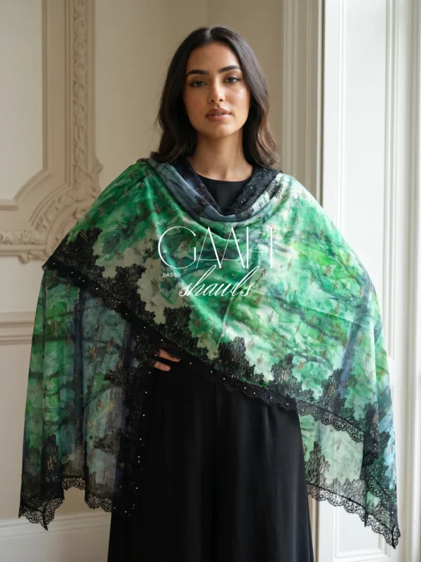 Digital Print Swarovski Pashmina Lace Shawl