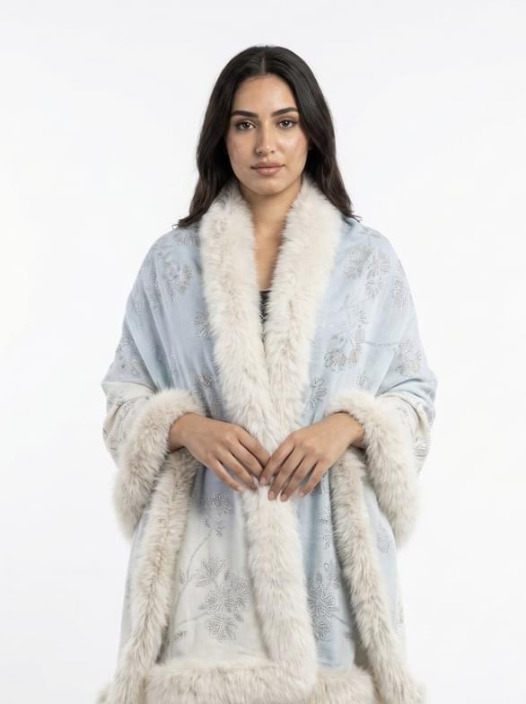 Pashmina Fur Shawl With Allover Lotus Crystal Design