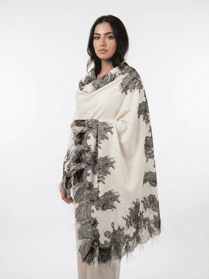 Pashmina Lace Shawl With 4 Side Feathers