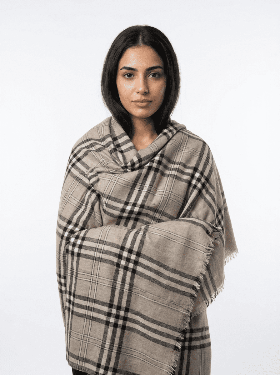 100% pure pashmina plaid shawl – classic beige check luxury wrap 100% pure pashmina plaid shawl – classic beige check luxury wrap