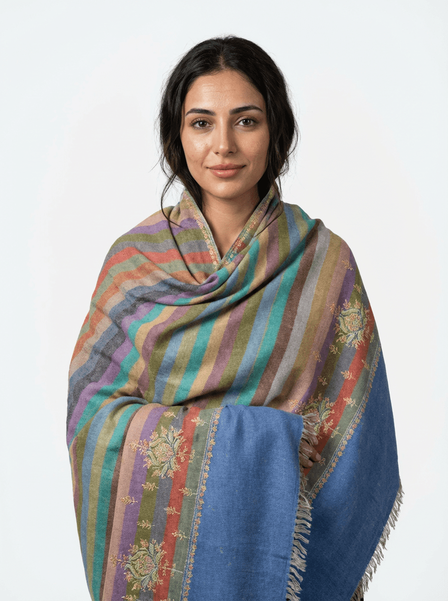 100% pure pashmina multicolor striped shawl with sozni embroidery 100% pure pashmina multicolor striped shawl with sozni embroidery